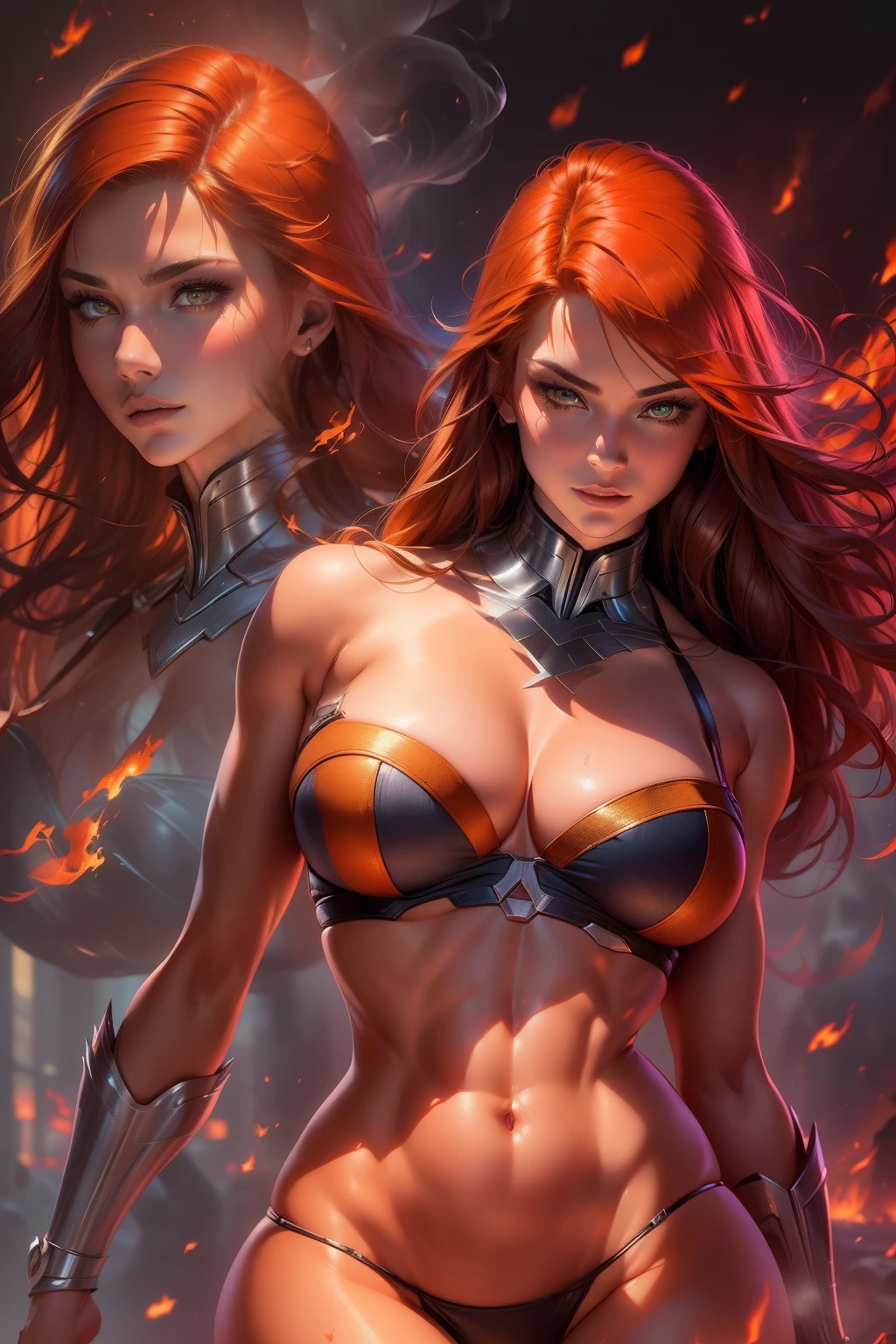 Phoenix (Jean Grey:X-Men) full body, New York City in Time Square, realistically highlighted with realistic fire, including bursts of flame, glowing hot embers, subtle curls of smoke, and a beautiful fire druid. Her face is expertly sculpted, with elegant and refined features and perfect shading and realistic skin texture. Her (orange and gold eyes), (Her extremely detailed eyes, beautiful detailed eyes, and macro).
(Ultra Quality, Masterpiece, Ethereal: 1.4) ((Best Quality, Masterpiece)), ultra-detailed, high resolution, realistic CG rendering, dynamic pose, beautiful face,(gray jean:X-Men), Glowing Aura, bright eyes, red hair, full body shot, full of action, intense energy, dramatic background. firebird in the background, Nagatiti, (huge breasts:1.6), (hanging breasts: 1.5), (disproportionate breasts: 1.4), (realism:1.2), (realisitc:1.2), (absurd:1.4), 8k, ultra -Detailed, detailed pretty face,(alone:1.4), 1girl, (Facing Viewer:1.2), Intricate body details, (Curvy:1.3),(bikini:1.3)