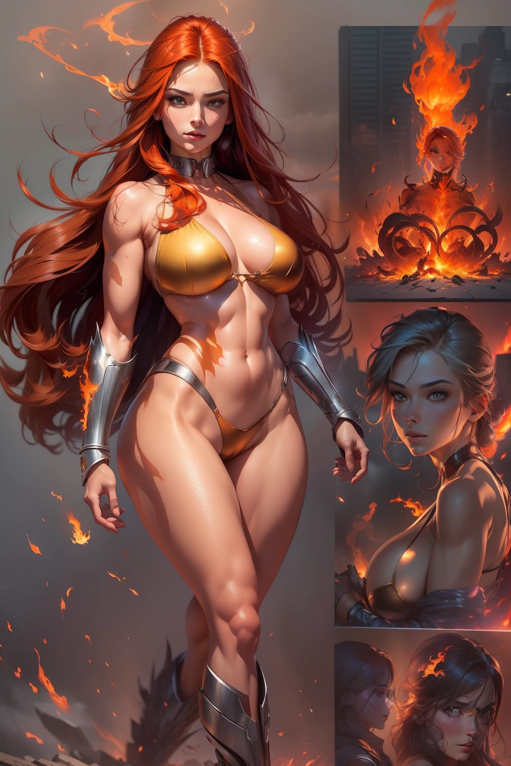 Phoenix (Jean Grey:X-Men) full body, New York City in Time Square, realistically highlighted with realistic fire, including bursts of flame, glowing hot embers, subtle curls of smoke, and a beautiful fire druid. Her face is expertly sculpted, with elegant and refined features and perfect shading and realistic skin texture. Her (orange and gold eyes), (Her extremely detailed eyes, beautiful detailed eyes, and macro).
(Ultra Quality, Masterpiece, Ethereal: 1.4) ((Best Quality, Masterpiece)), ultra-detailed, high resolution, realistic CG rendering, dynamic pose, beautiful face,(gray jean:X-Men), Glowing Aura, bright eyes, red hair, full body shot, full of action, intense energy, dramatic background. firebird in the background, Nagatiti, (huge breasts:1.6), (hanging breasts: 1.5), (disproportionate breasts: 1.4), (realism:1.2), (realisitc:1.2), (absurd:1.4), 8k, ultra -Detailed, detailed pretty face,(alone:1.4), 1girl, (Facing Viewer:1.2), Intricate body details, (Curvy:1.3),(bikini:1.3)