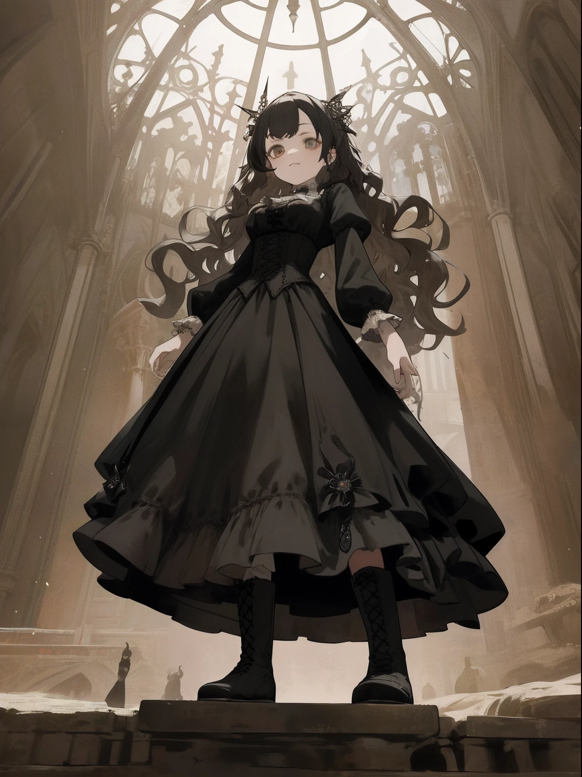 masterpiece, top-quality, 1girl in, The upper part of the body, History reference: World of Gothic Horror、hairstyle on: long, Wavy Hair、garments: Gothic dresses and corsets、shoe: Victorian boots、accessorized: In beats、Angle from below