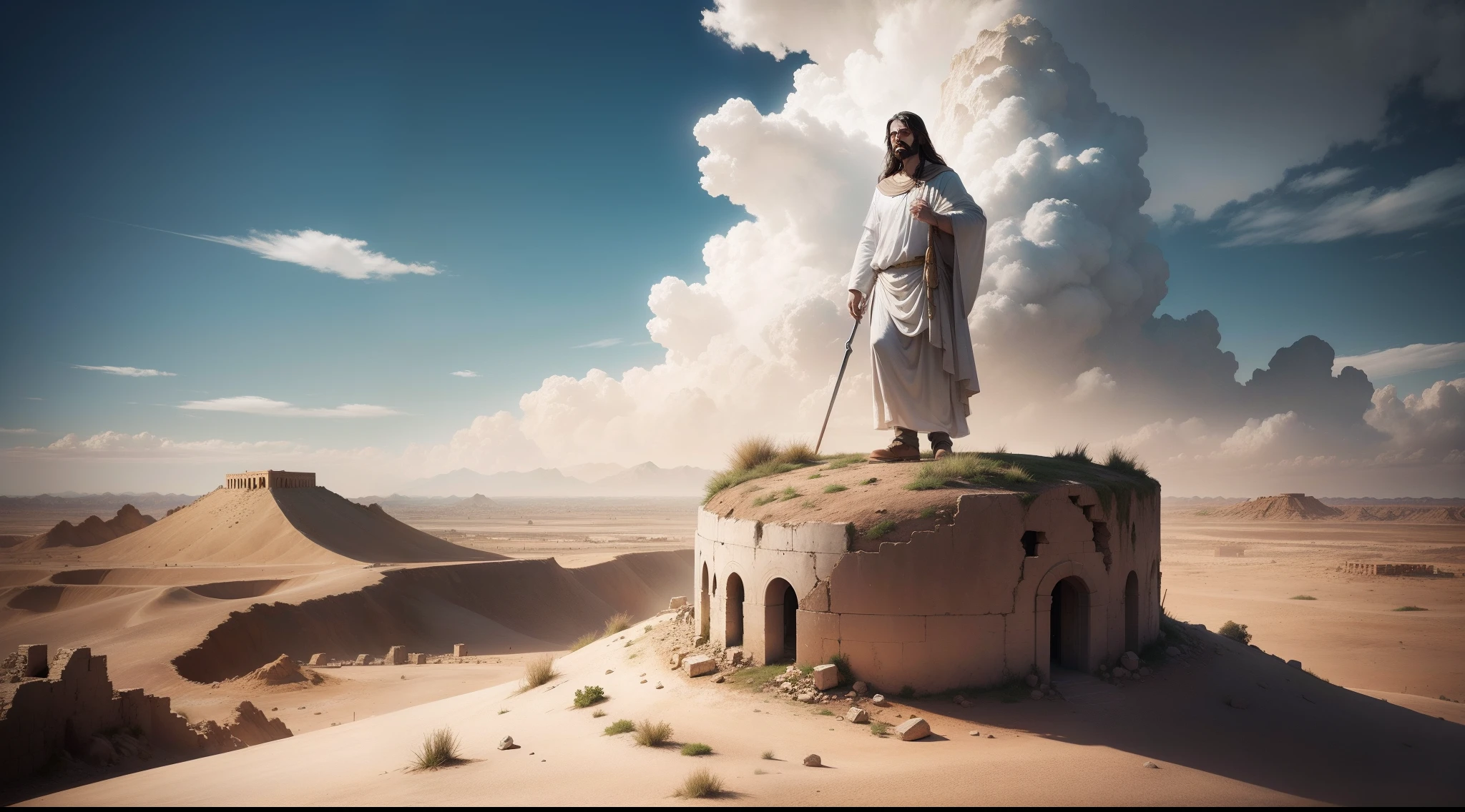 A majestic Jesus Christ stands atop a hill overlooking the ruins of Sodom and Gomorrah.