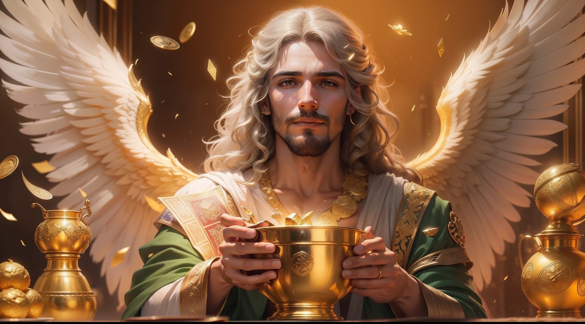 closeup do um lindo homem em forma de anjo, realista, perfect com asa grandes, religioso, Comportado, perfeito e realista, Roupas verdes e vermelhas, detalhes em ouro, Biblical garments, long hair with braids, sitting with a pot of gold in his hands, com asas grandes de ouro e coloridas, um jardim de trevos de 4 folhas, dinheiro, gold dollar siphon symbol, Background of gold pieces, chuva de ouro, Green money falling from the sky, loteria, realista, perfeito, sorteio de loteria, Lottery Grand Prize, The angel of abundance is also named as Abundia, arcanjo homem, abundia com uma cesta de ouro, ABUNDIA O ANJO DA FORTUNA, anjo da riqueza, arcanjo, jarros de ouro, muitas velas incandescentes