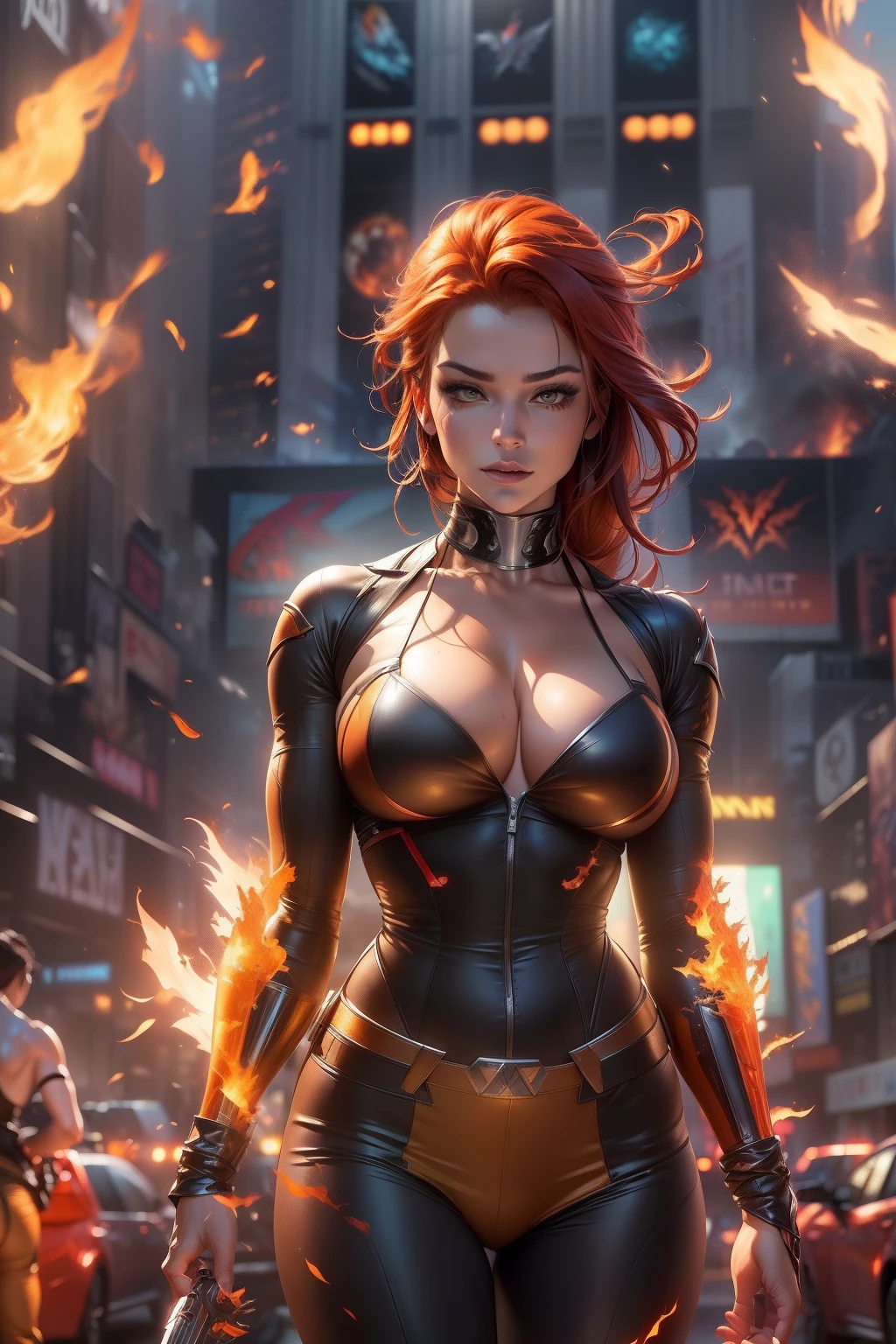 Phoenix (Jean Grey:X-Men) full body, New York City in Time Square, realistically highlighted with realistic fire, including bursts of flame, glowing hot embers, subtle curls of smoke, and a beautiful fire druid. Her face is expertly sculpted, with elegant and refined features and perfect shading and realistic skin texture. Her (orange and gold eyes), (Her extremely detailed eyes, beautiful detailed eyes, and macro).
(Ultra Quality, Masterpiece, Ethereal: 1.4) ((Best Quality, Masterpiece)), ultra-detailed, high resolution, realistic CG rendering, dynamic pose, beautiful face,(gray jean:X-Men), Glowing Aura, bright eyes, red hair, full body shot, full of action, intense energy, dramatic background. firebird in the background, Nagatiti, (huge breasts:1.6), (hanging breasts: 1.5), (disproportionate breasts: 1.4), (realism:1.2), (realisitc:1.2), (absurd:1.4), 8k, ultra -Detailed, detailed pretty face,(alone:1.4), 1girl, (Facing Viewer:1.2), Intricate body details, (Curvy:1.3),(bikini:1.3)