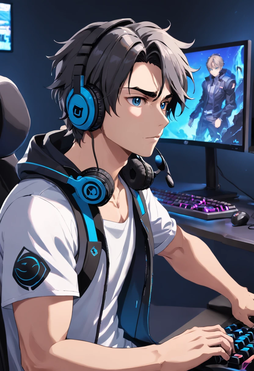 color photo of "um homem gamer calvo, com headset com orelhas de cachorro, com seu pc gamer" shot, showcasing a cool and confident expression on his face. Despite being calvo, he exudes a sense of charisma and self-assurance. He is dressed in a sleek and stylish gaming outfit that highlights his impeccable taste. The headset with dog ears adds a playful touch to his overall look. The lighting creates an intense and dynamic atmosphere, casting dramatic shadows on his face, accentuating his features. In the background, his PC gamer setup is visible, with a sleek and modern design that reflects his sophisticated gaming preferences. The mood of the scene is a mix of focus and determination, as he is fully immersed in the gaming experience. The composition of the photo captures him in a powerful and commanding pose, emphasizing his confidence and expertise. The colors are bold and vibrant, with a hint of contrast that adds depth to the image. The photo is shot with a high-quality camera, using a wide-angle lens to capture the entire gaming setup in all its glory. This photo would be a collaboration between directors Christopher Nolan and David Fincher, cinematographer Roger Deakins, photographer Annie Leibovitz, and fashion designer Tom Ford.
