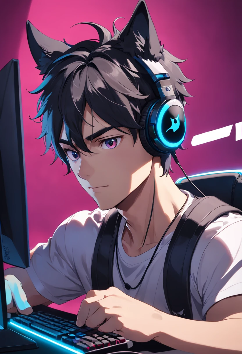 color photo of "um homem gamer calvo, com headset com orelhas de cachorro, com seu pc gamer" shot, showcasing a cool and confident expression on his face. Despite being calvo, he exudes a sense of charisma and self-assurance. He is dressed in a sleek and stylish gaming outfit that highlights his impeccable taste. The headset with dog ears adds a playful touch to his overall look. The lighting creates an intense and dynamic atmosphere, casting dramatic shadows on his face, accentuating his features. In the background, his PC gamer setup is visible, with a sleek and modern design that reflects his sophisticated gaming preferences. The mood of the scene is a mix of focus and determination, as he is fully immersed in the gaming experience. The composition of the photo captures him in a powerful and commanding pose, emphasizing his confidence and expertise. The colors are bold and vibrant, with a hint of contrast that adds depth to the image. The photo is shot with a high-quality camera, using a wide-angle lens to capture the entire gaming setup in all its glory. This photo would be a collaboration between directors Christopher Nolan and David Fincher, cinematographer Roger Deakins, photographer Annie Leibovitz, and fashion designer Tom Ford.