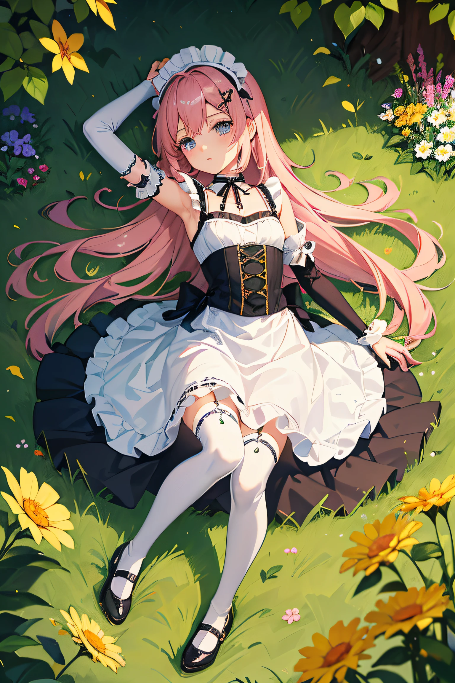((one little girl, loli, maid, (solo), one 12 years old girl), cute, kawaii), petite, tiny, (((full body))), (small breasts), looking at viewer,
BREAK
,(hair ornament,very long hair, pink hair),
BRAEK
,finely detailed beautiful eyes and detailed face, perfect body,  lace thighhighs,
BREAK
(lace-trimmed elbow gloves),((ribbon choker , enmaided, maid dress)), ((mary janes)),
BREAK
(Flowery meadow, plant, flowers,sun, wind blow, petal, lots of flying petal, blue sky, cloudy sky, ray tracing, ), (colorful), best shadow, cinematic lighting, 8k, 4k, high resolution,
BREAK
masterpiece, best quality,