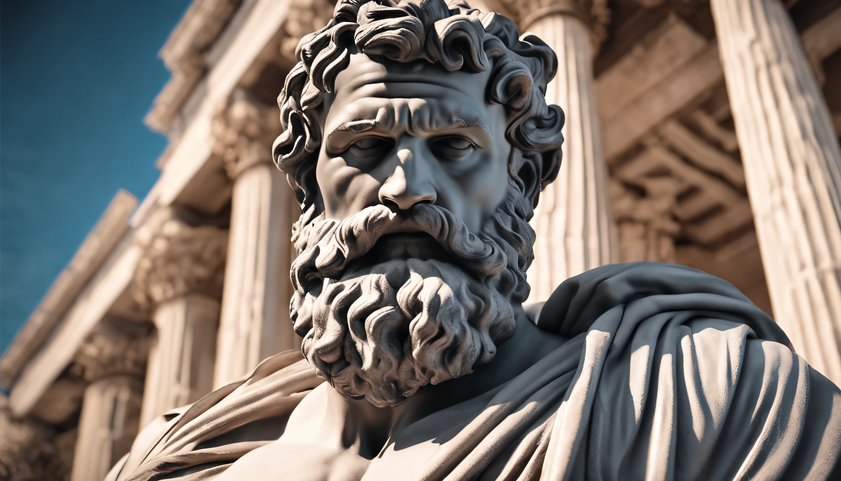 Greek statue of Hercules wearing a robe, close-up, 8k, black background