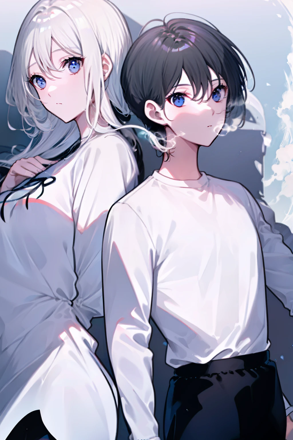 um casal,ajoelhar,white shirt black pants,camisa branca transparente, saia curta seda preta,Wrapped in hemp rope,SM,delicate facial features,Vento fresco,fundo minimalista branco,8k Obra-prima