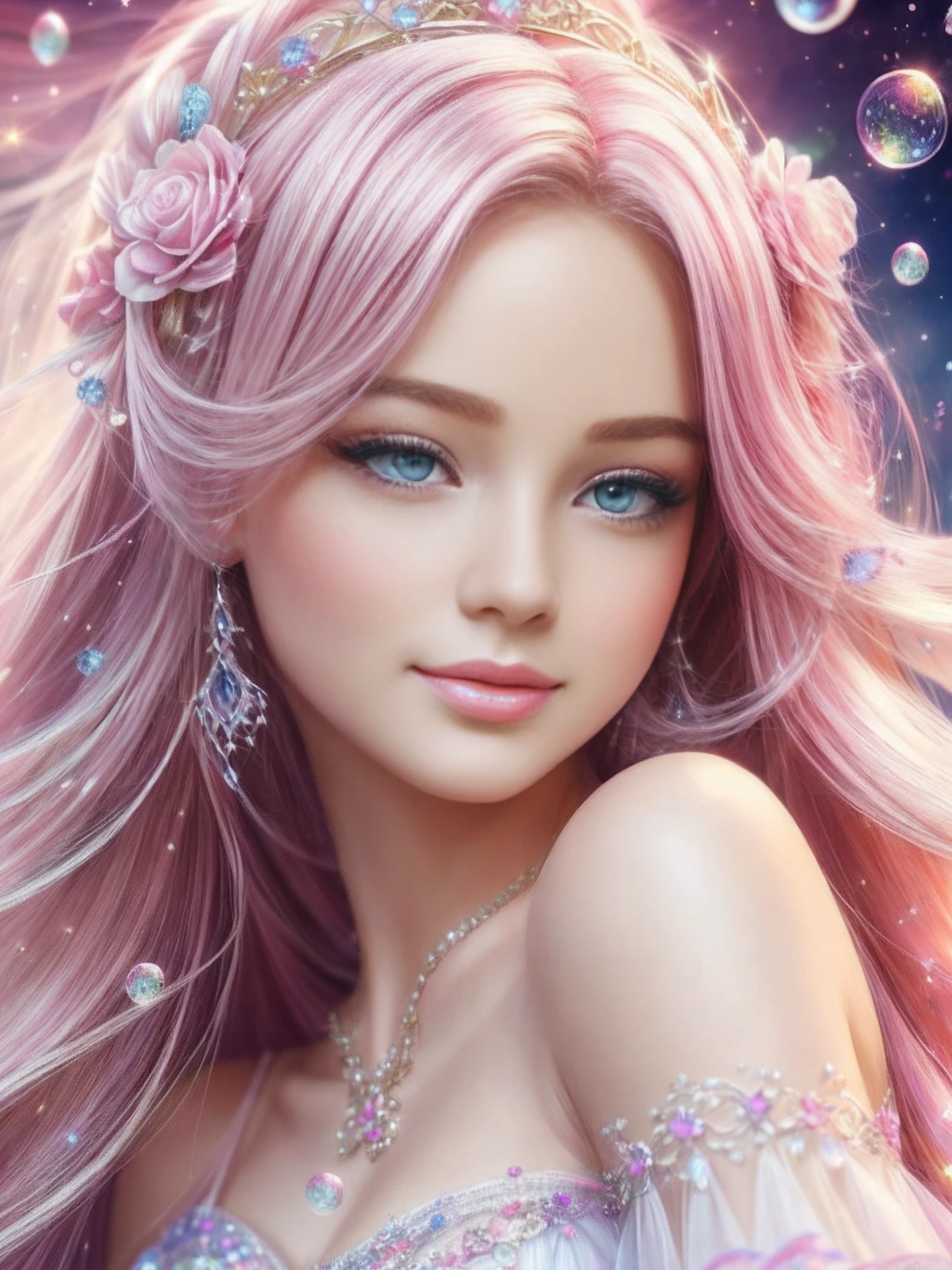 ((Masterpiece)). This artwork is sweet, Dreamy and ethereal, (Barbie pink background:1.5),barbiecore,A princess,cabellos largos dorados,Kizi,Delicate face, Soft pink watercolor toned candy accent,(Bubblegum world with a variety of pastel shades). Her sweet face is extremely detailed and realistic,Elegant facial features,Sweet, Highly realistic eyes,Sweet smile,Highly detailed, And beautiful. HD and detail, Contains a lot of detail,Colorful bubbles, Colorful petals, Stars and colorful bubble gum bubbles,fantastic details, Enhanced detail, rainbowing, Colorful sparkling wind,Beautiful and realistic details,The images are dreamy and ethereal.8K, Intricate, elegant, Highly detailed, Majestic, Digital photography