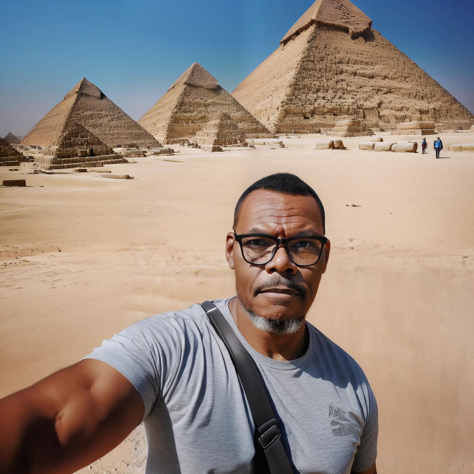 guttonerdvision10, Generate an image of a man wearing glasses taking a selfie in front of the original pyramids of Egypt. The image should be highly realistic and detailed, rendered using Octane with an 8k resolution. The man should be seen holding a smartphone, and the background should showcase the iconic Egyptian pyramids, emphasizing a sense of grandeur and history. The lighting should be natural and bring out the details of both the man's face and the pyramids.