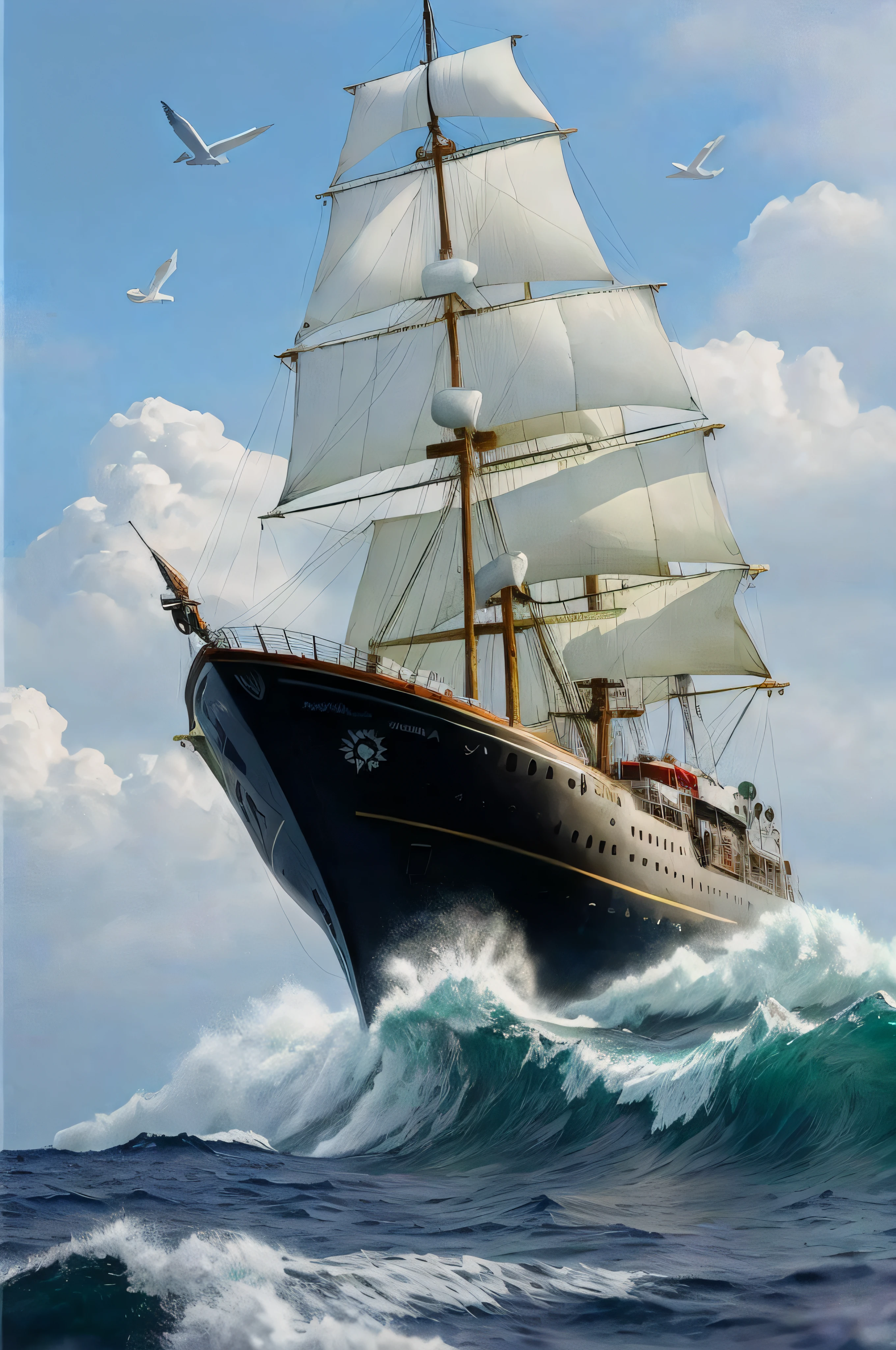Super velero futurista con muchas velas volando por los cielos entre las nubes y mientras abajo en un mar muy agitado enormes olas amenazantes chocan contra los acantilados