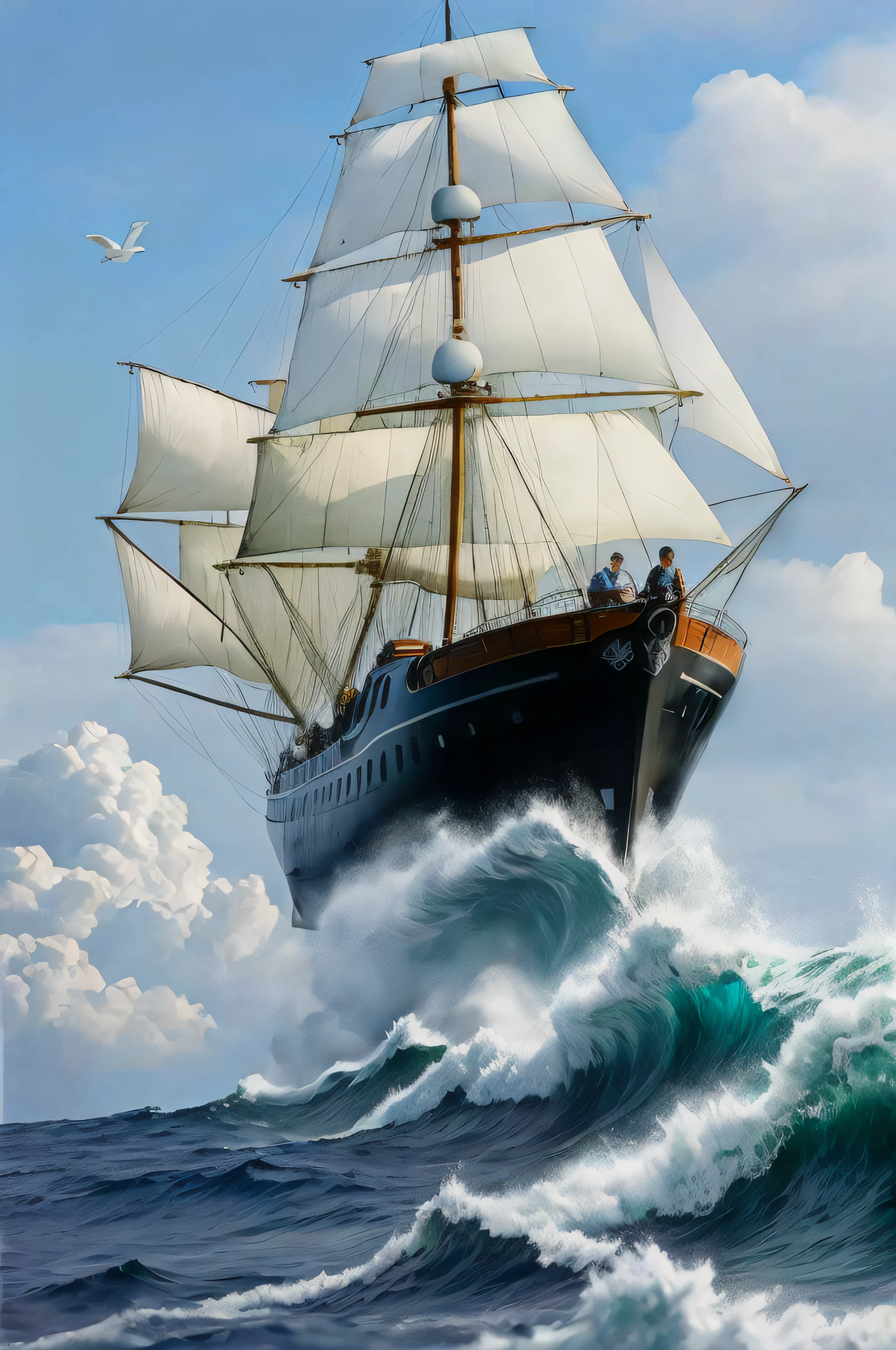 Super velero futurista con muchas velas volando por los cielos entre las nubes y mientras abajo en un mar muy agitado enormes olas amenazantes chocan contra los acantilados