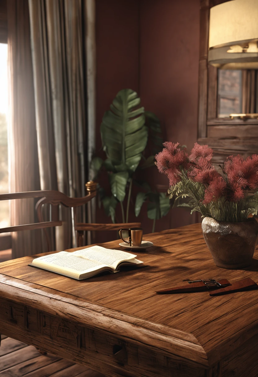 mesa com uma toalha e uma toalha sobre a mesa, mesa de madeira detalhada, hyper realistic detailed rendering, sobre uma mesa de madeira, com um livro vintage em uma mesa, sobre uma mesa, highly detailed perfect render, the handbag is over a wood table, hyper realistic render, mesa na frente com um copo, on vivid dark wood table