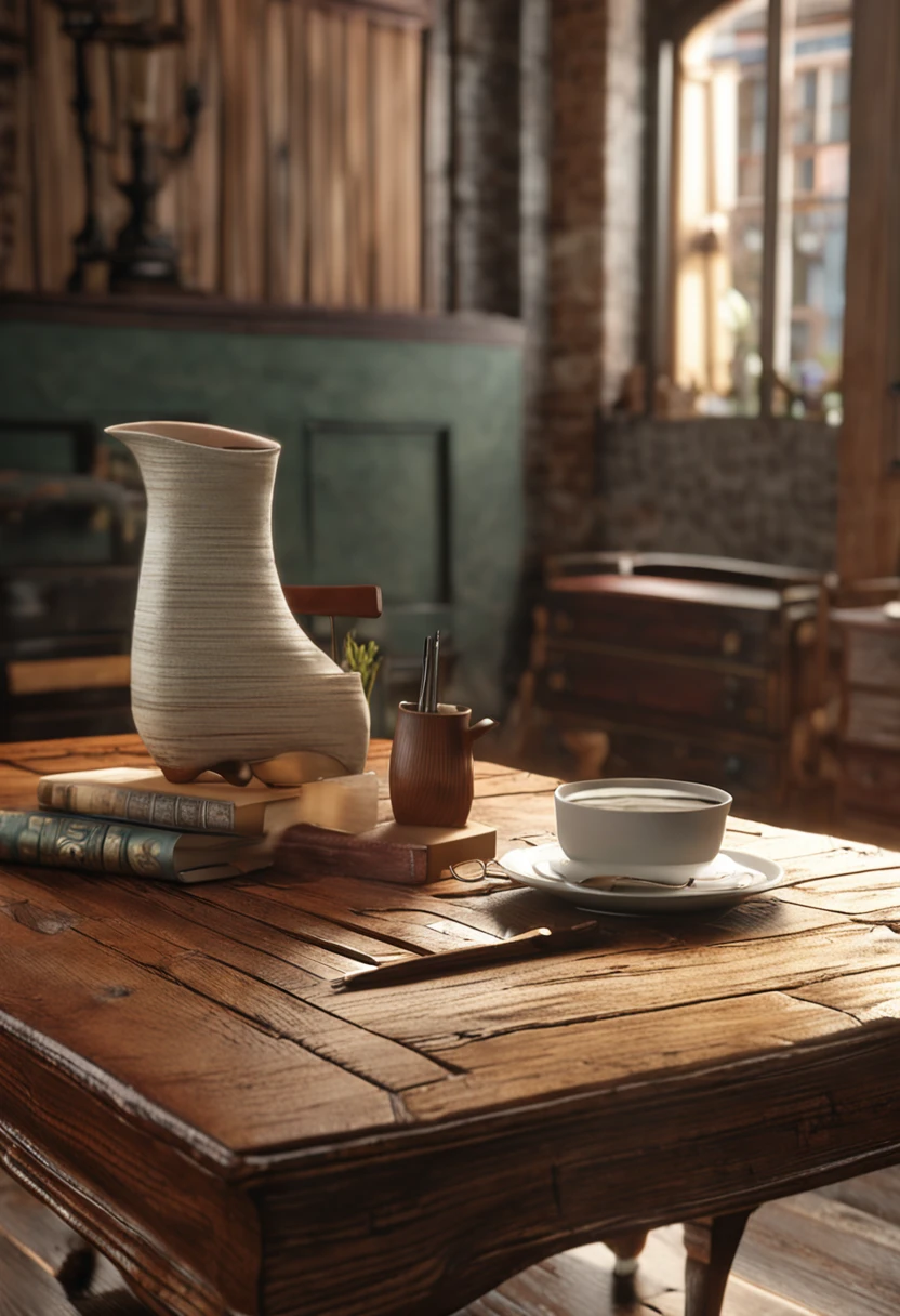 mesa com uma toalha e uma toalha sobre a mesa, mesa de madeira detalhada, hyper realistic detailed rendering, sobre uma mesa de madeira, com um livro vintage em uma mesa, sobre uma mesa, highly detailed perfect render, the handbag is over a wood table, hyper realistic render, mesa na frente com um copo, on vivid dark wood table