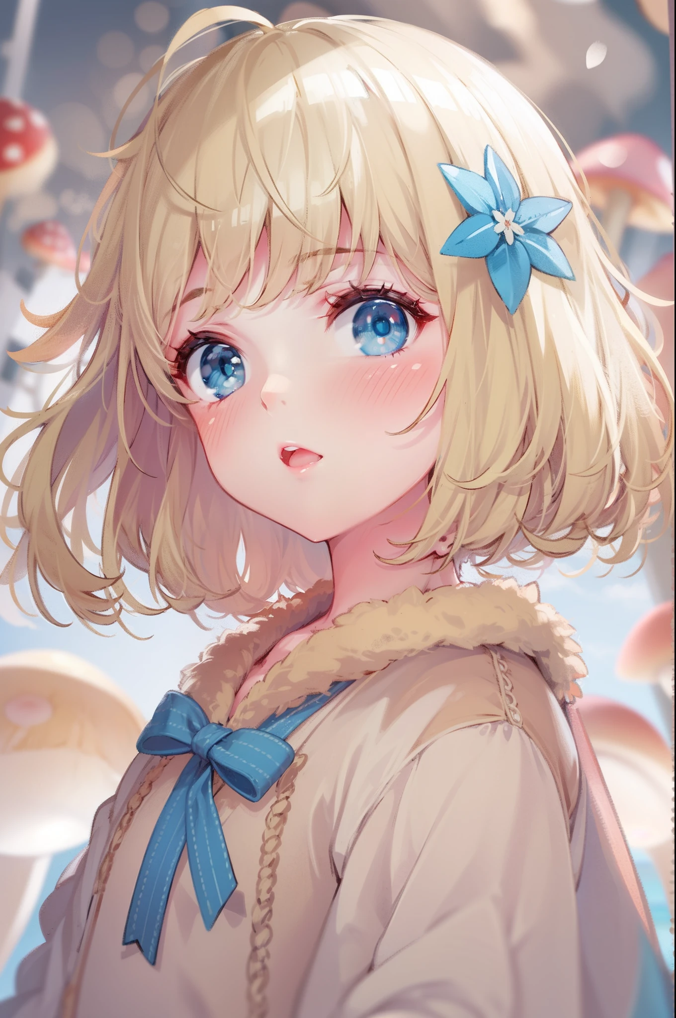 blonde hair, girl, blue ribbon, blush, blue eyes, from below, short hair, blush, soft focus, full body, mushroom on head