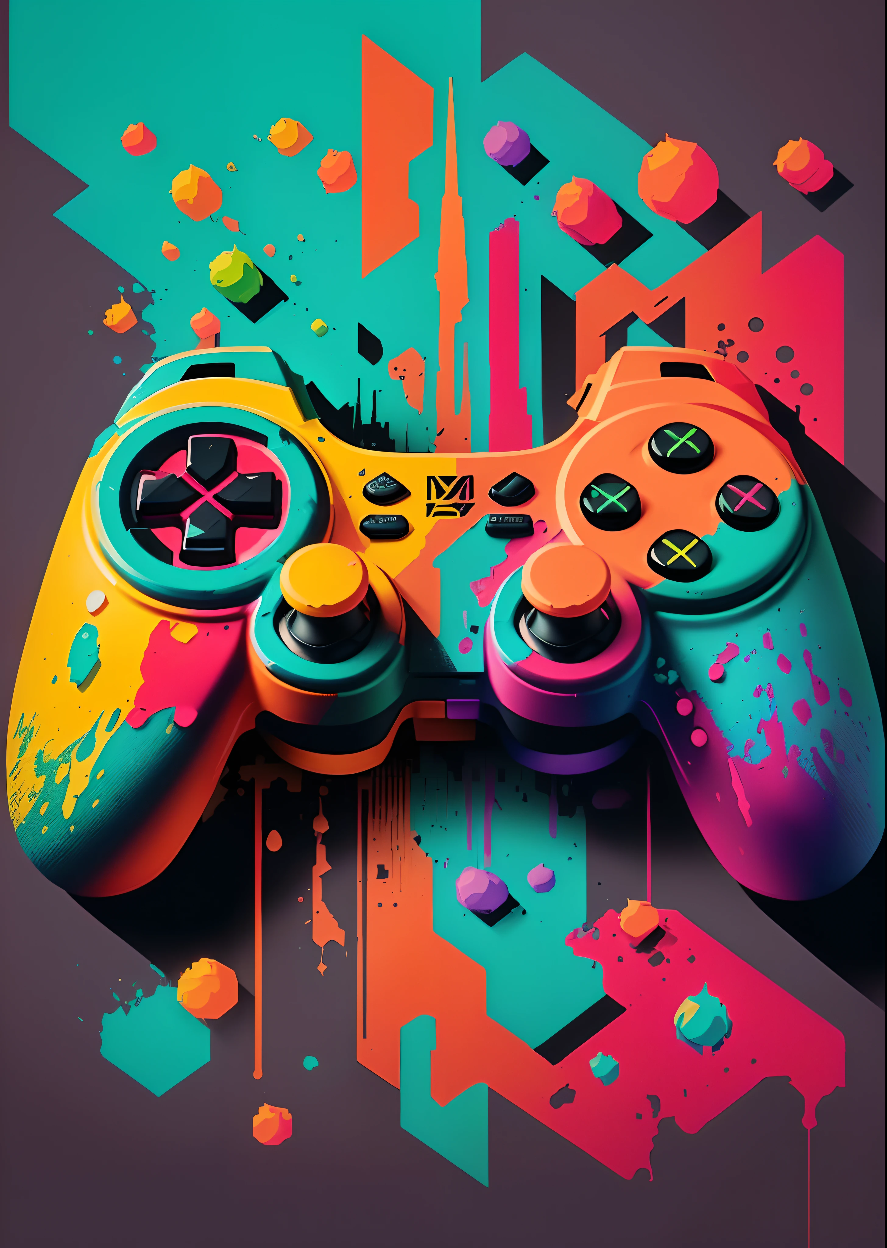 Video game controller close-up with splashes of colorful paint, video game digital art, computer game art, videogame art, video game style, game poster, gamer aesthetic, gamer themed, Video game poster, video game control, colorful concept art, video game fanart, Video game style, Digital art #oneshotgame, 2 d digital video game art, videogame inspired