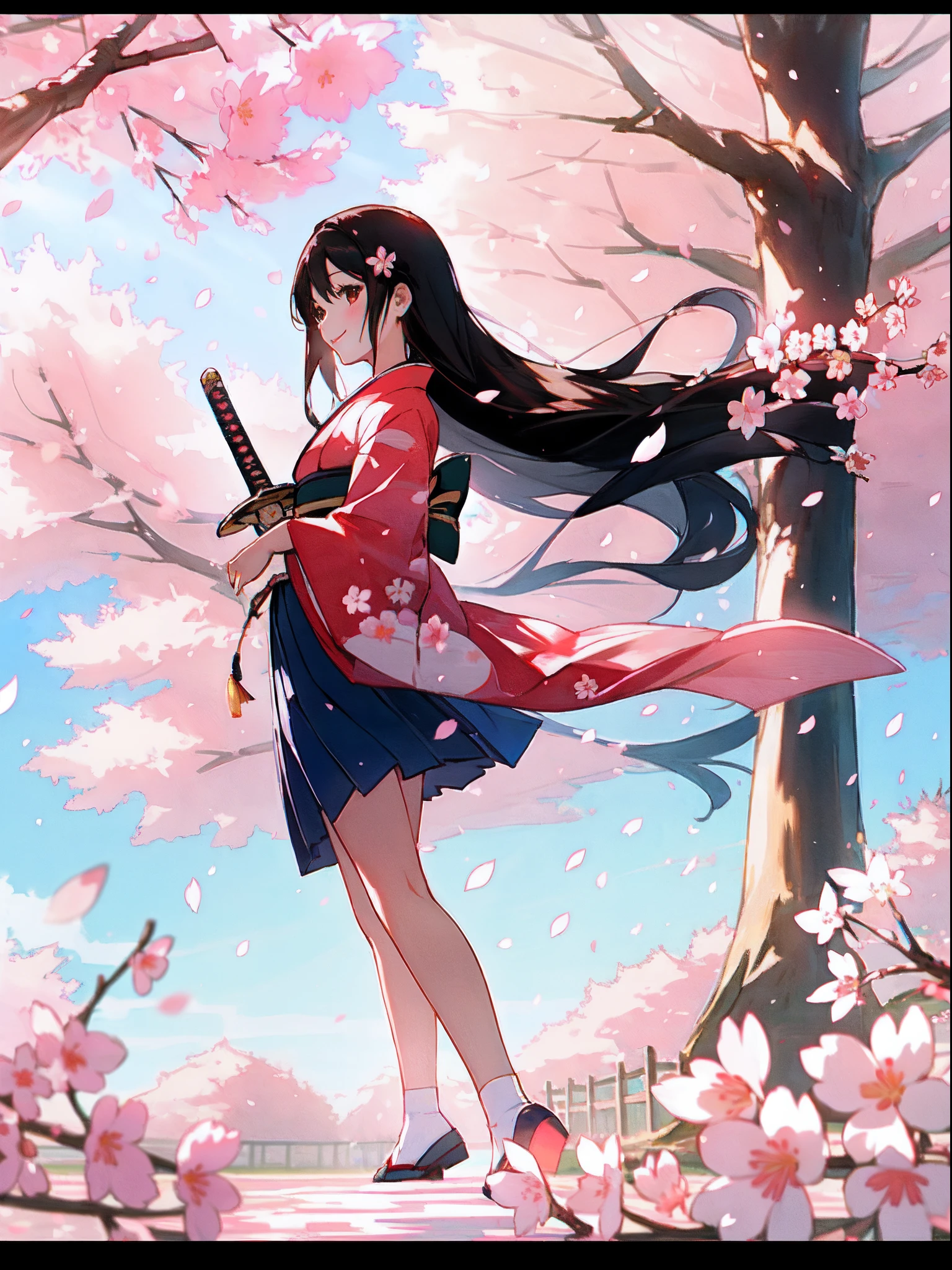 masterpiece, hightquality, Top image quality, one girls, from foot to head, kimono, skirt by the, length hair, A dark-haired, The sword, kindly smile, Cherry blossom petals, blue-sky, Eau, spark of light