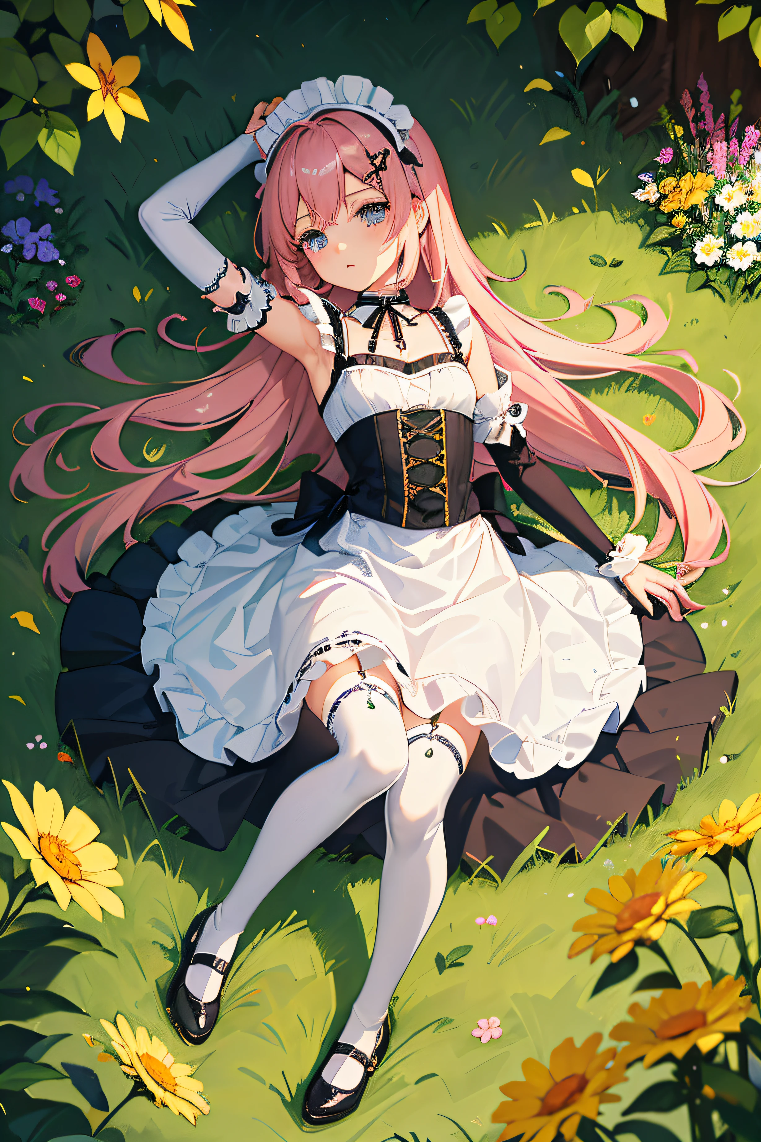 ((one , loli, maid,solo), one 12 years old kawaii), petite, tiny, (((full body))), (small breasts), looking at viewer,
BREAK
,(hair ornament,very long hair, pink hair),
BRAEK
,finely detailed beautiful eyes and detailed face, perfect body, lace thighhighs,
BREAK
(lace-trimmed elbow gloves),((ribbon choker , enmaided, maid dress)), ((mary janes)),
BREAK
(Flowery meadow, plant, flowers,sun, wind blow, petal, lots of flying petal, blue sky, cloudy sky, ray tracing, ), (colorful), best shadow, cinematic lighting, 8k, 4k, high resolution,
BREAK
masterpiece, best quality,