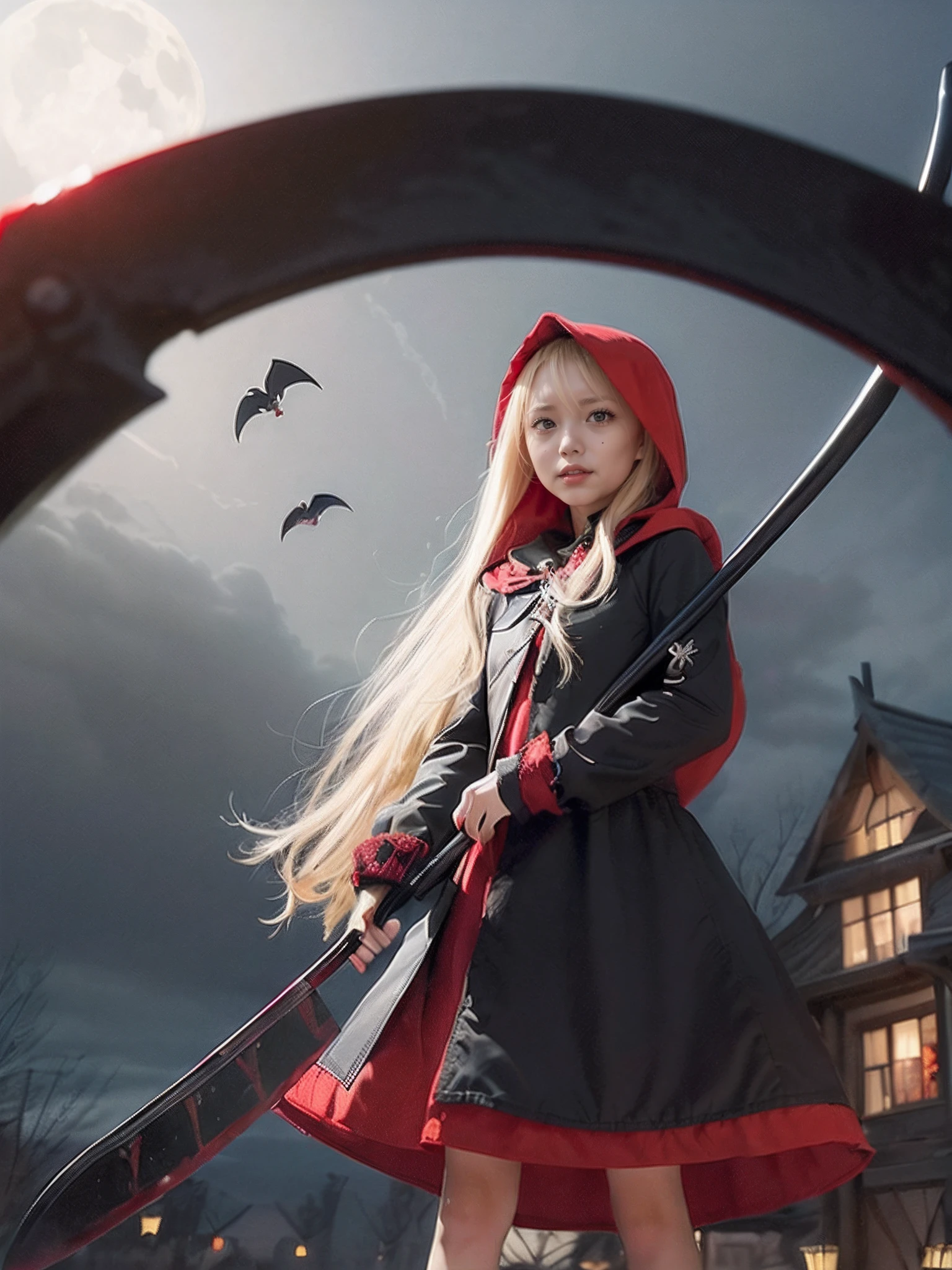 (With a red and black scythe:1.3)、Sickle with blood:1.1、 with blonde hair、(Little Red Riding Hood:1.3)、Clothes like dresses with frills、(Halloween world view at night:1.2)、Moon and bat on background:1.2