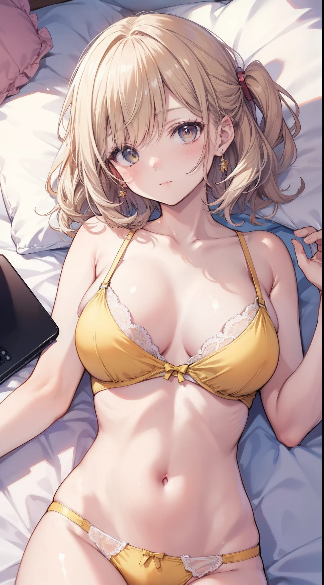 masutepiece、hight resolution、1girl in、in one's underwear only、Yellow lingerie、large full breasts、Lying on your back in bed、Cute anime illustration、