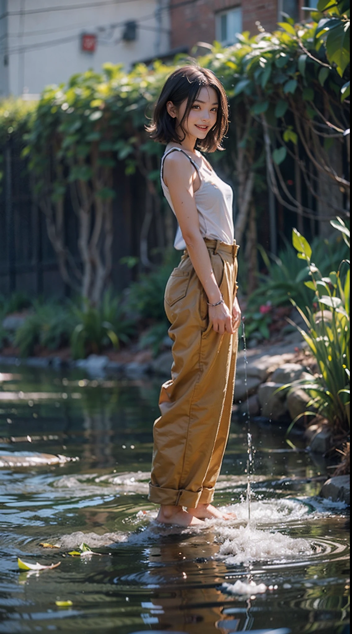 NSFW, 1girl in, Well-formed face, Ideal ratio body proportions, Sunnyday, (((Long trouser overalls))), (((sleeveless t shirt))), Wet, Smiling smile, de pele branca, A slender, Dark hair, short-hair, beauty legs, Small buttocks, surrealism, Cinematic lighting, depth of fields, One-person viewpoint, F/1.8, 135 mm, canon, nffsw, masutepiece, ccurate, Anatomically correct, Textured skin, Super Detail, high details, High quality, awardwinning, Best Quality, hight resolution, 1080p, 4K, 8K