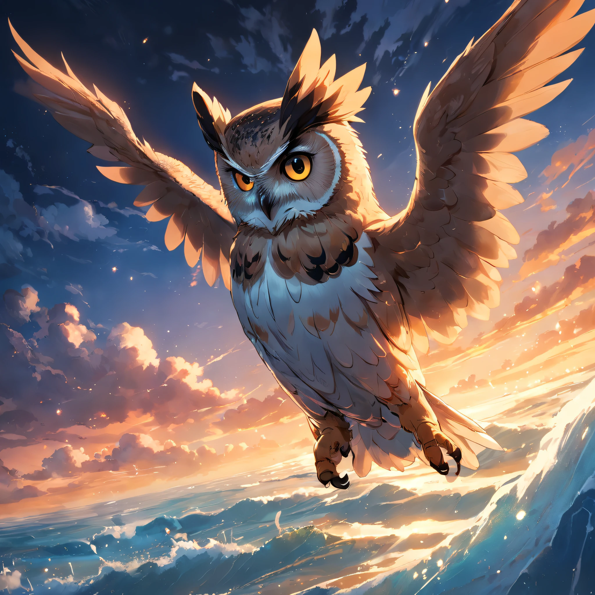 obra-prima, melhor qualidade, filme ainda, (Realistic, photo-realistic:1.4), (1owl), floating into the sky, close-up, brilhante, feliz, Soft lighting and Warm, sun sunset, (Sparks: 0,7)