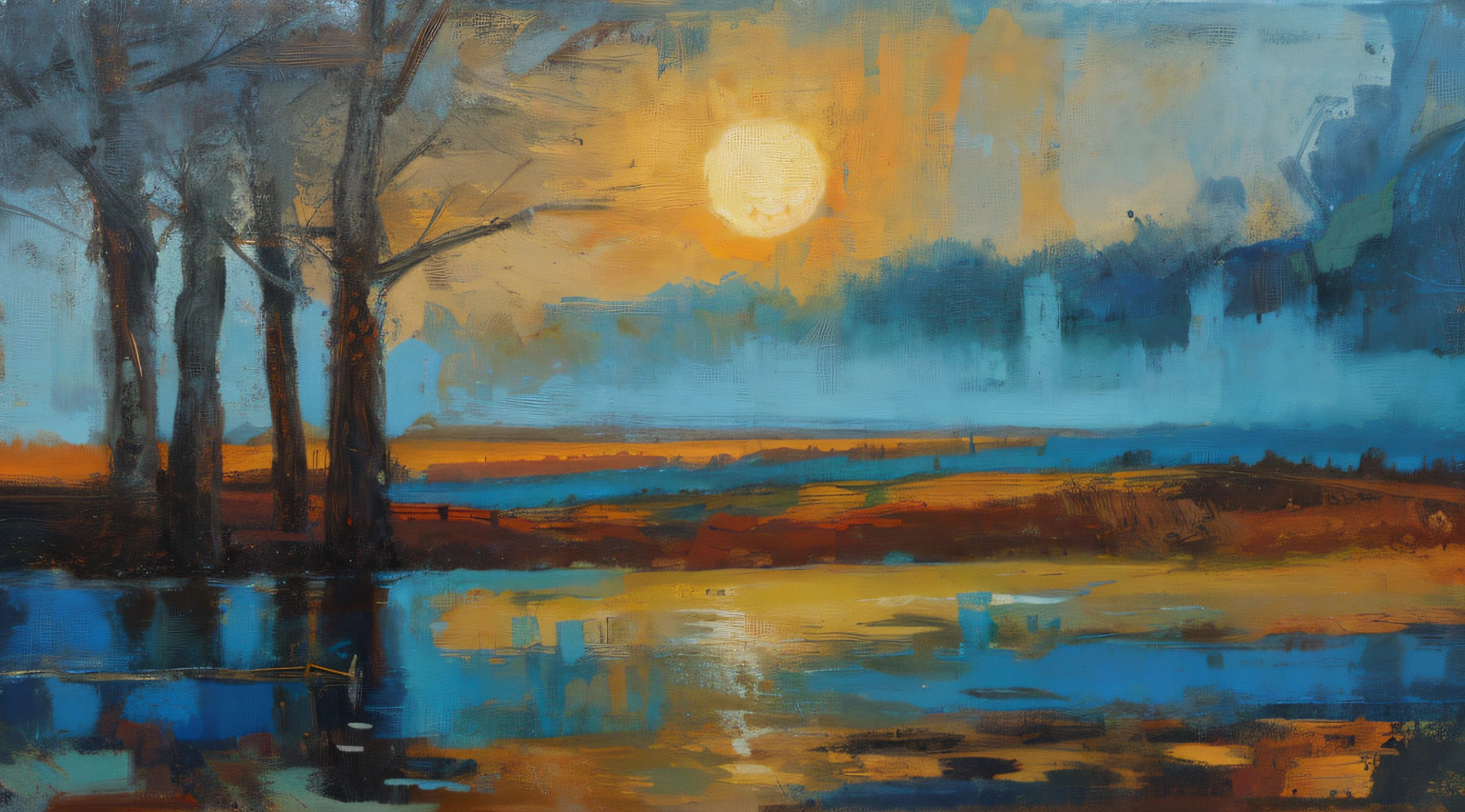painting of a painting of a sunset over a lake with trees, luminescent oil painting, oil painting of enamel, paisagem de teal, smooth oil painting, ntricate oil painting, Landscape oil painting, Paisagem abstrata, inspirado em Roelof van Vries, inspirado em Eglon van der Neer, Oil paint tint, alla prima oil painting