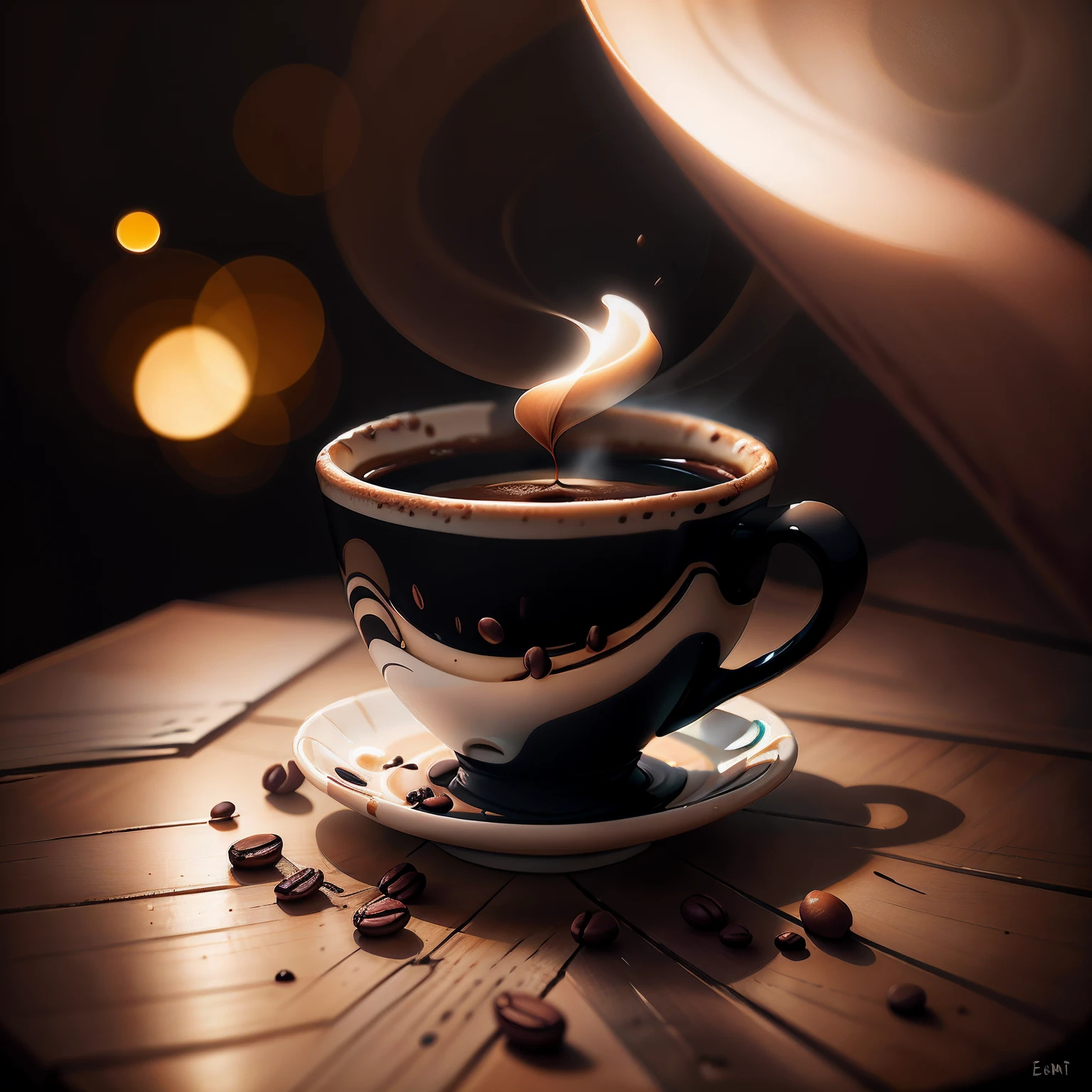 a cup of coffee, sobre una platillo, humo, luz  de fondo, escena oscura, humo, Coffee beans on the table