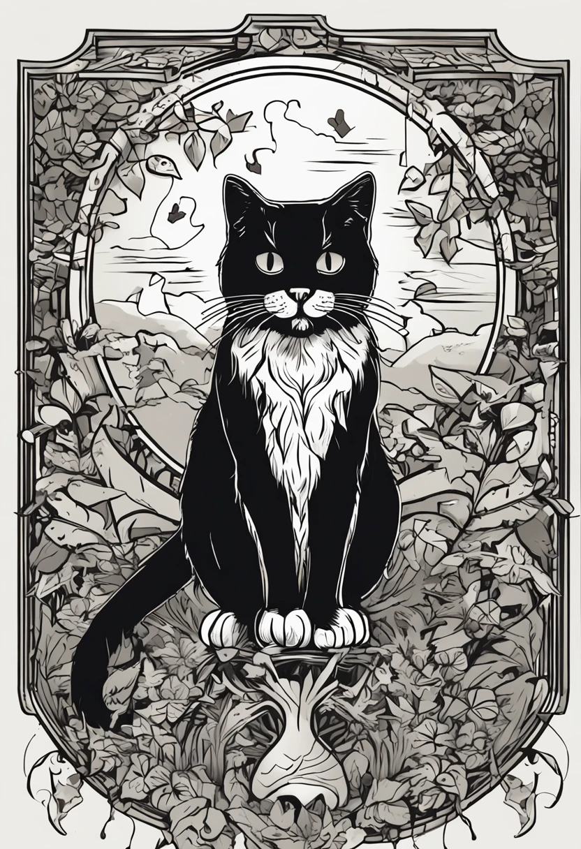 gato inteiramente preto, cartoon, tarot, lua, bosque