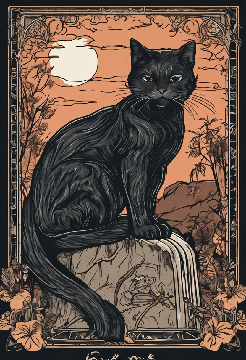 gato inteiramente preto, cartoon, tarot, lua, bosque