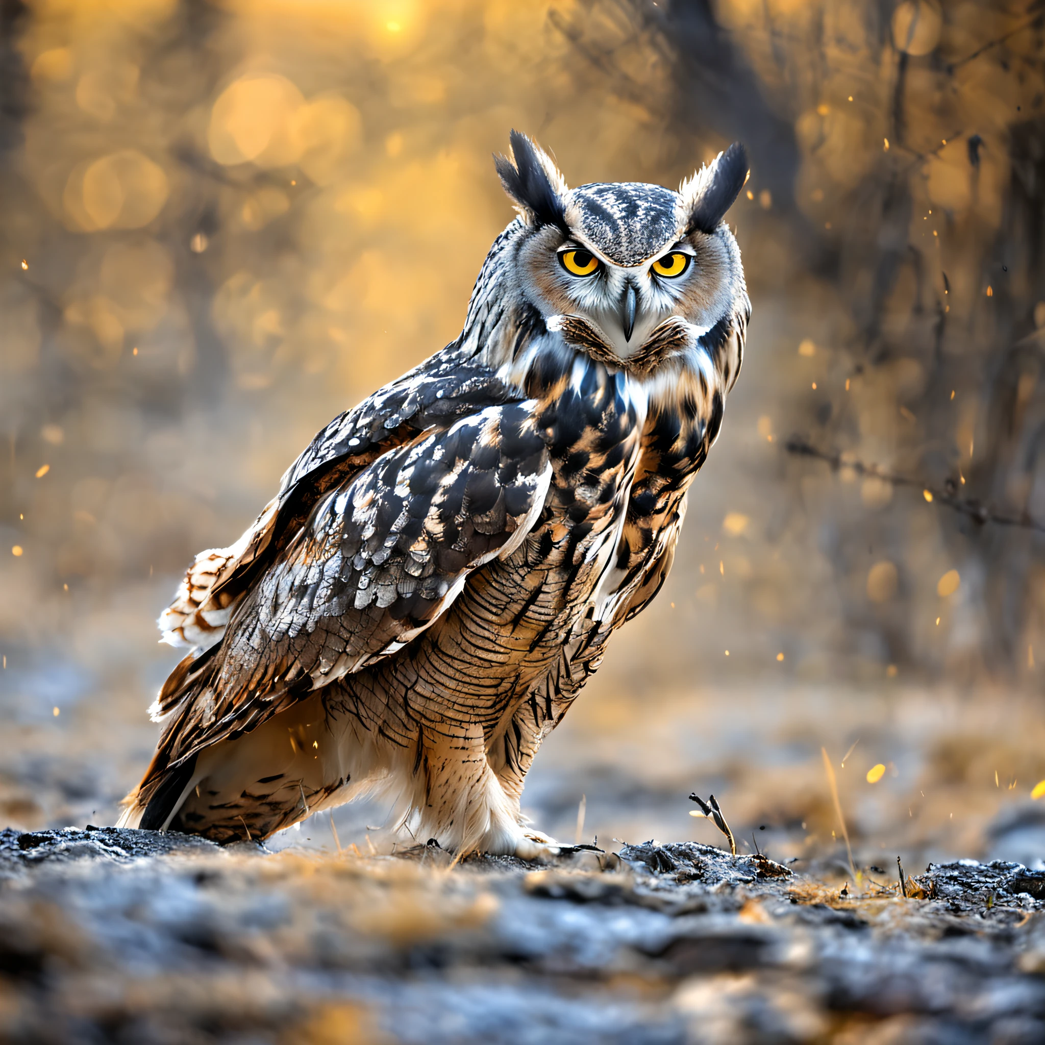 (1owl), an owl in a dead tree, Uma sombra em Forma de andador, Noite estrelada, Thick fog on the ground, Luz azul no horizonte, Motor Unreal 5, cinemactic, Low-angle photography, motion blur, proFundidade de campo, dust, Cobblestones and dirt. arte splash, pingando tinta. Perfect color classification. inFluenciado por karel Appel e jeremy mann, Full of dramatic and threatening scenes, hiper-detalhado, Beautiful, detalhes insanos, detalhes intrincados, FotograFia Editorial, FotograFado com uma lente de 50mm, proFundidade de campo, Tilt Blur, Velocidade do obturador 1/1000, F/22. Mapas de luz, super brilhante