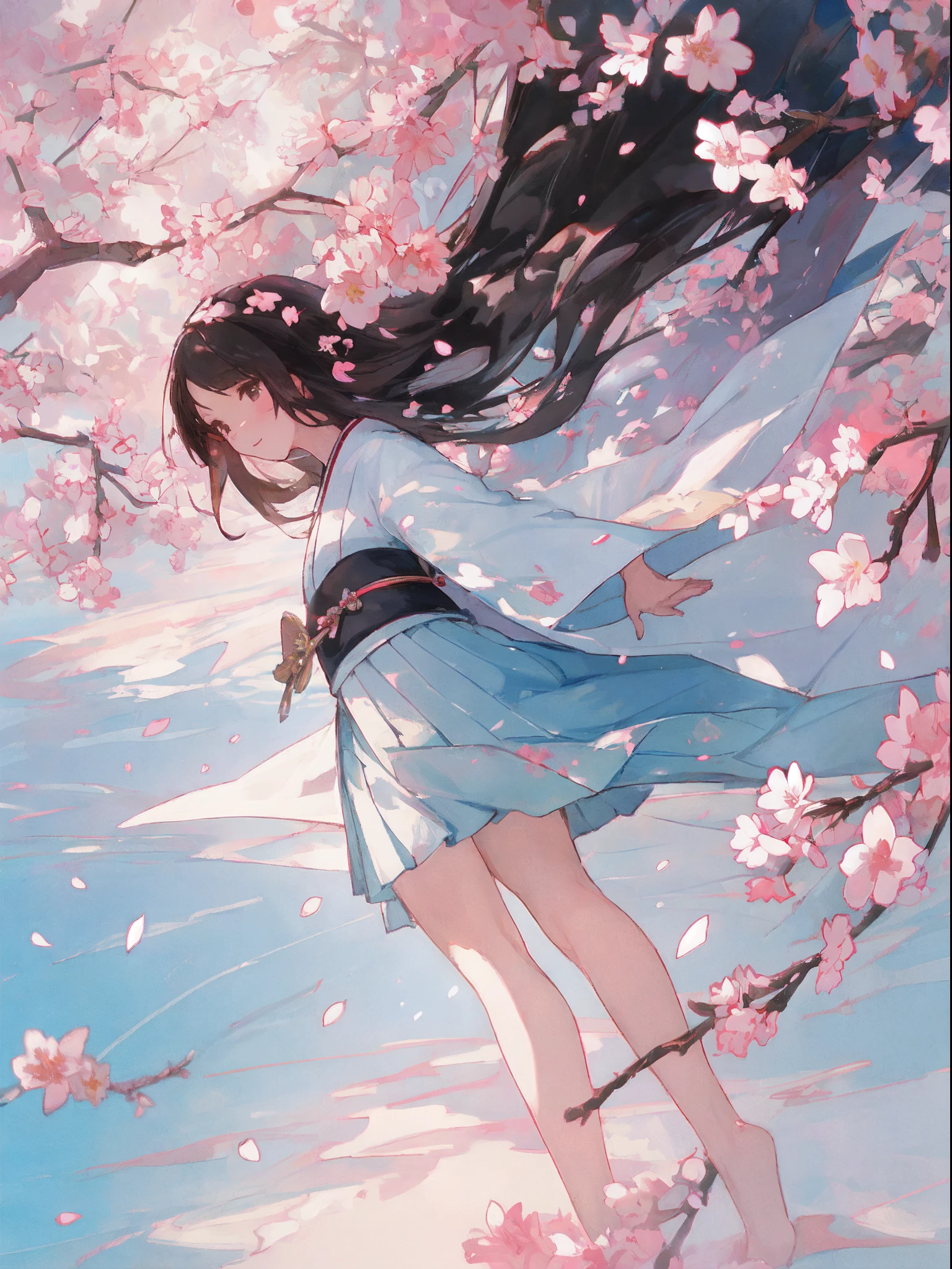 masterpiece, hightquality, Top image quality, one girls, from foot to head, Kimono, skirt by the, length hair, A dark-haired, The sword, kindly smile, Cherry blossom petals, blue-sky, Eau, spark of light