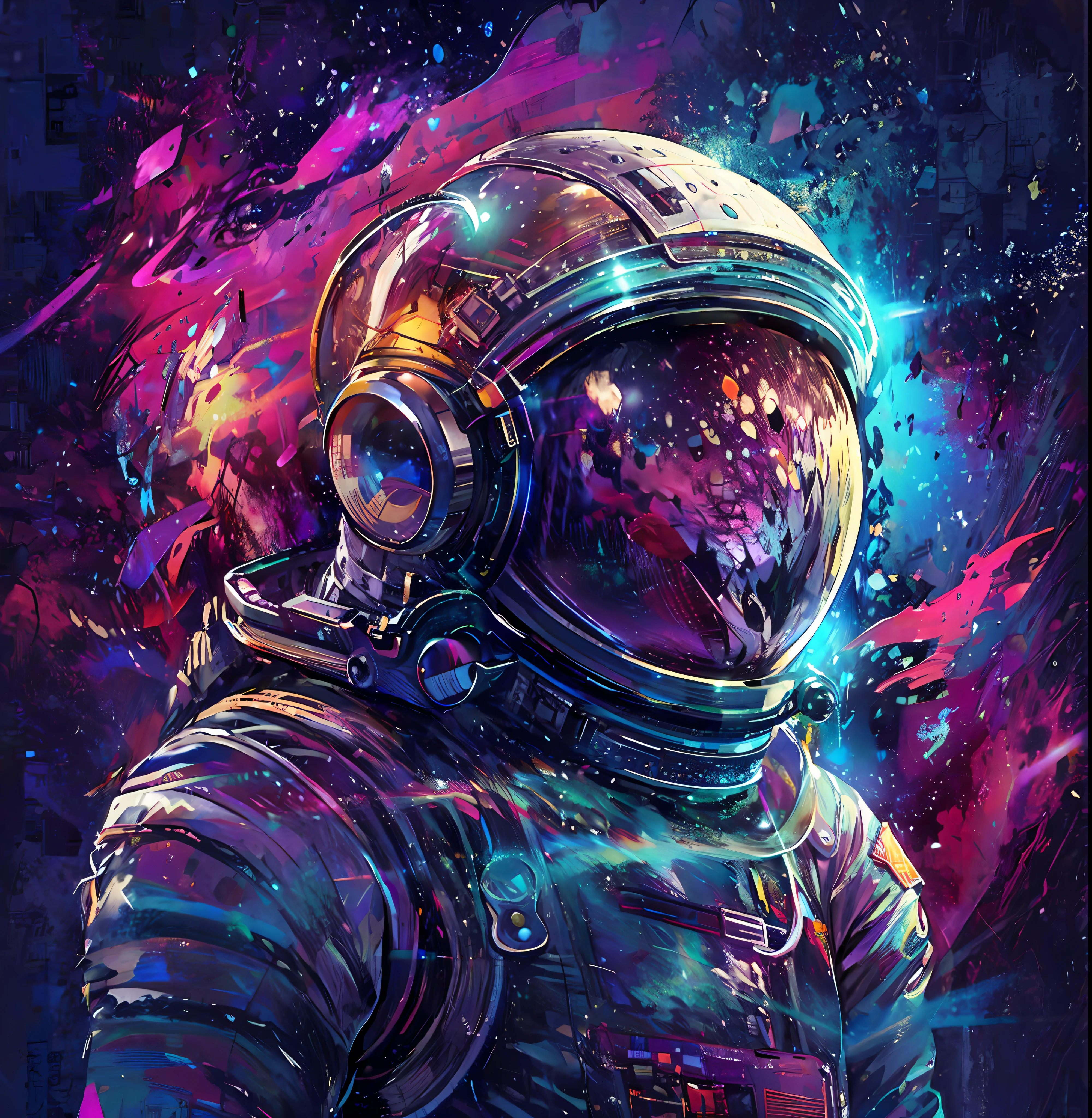 um close up de uma pessoa em um traje espacial com um fundo colorido, space colors, lone astronaut, astronauta, arte espacial, cosmic and colorful, cosmonauta, Retrato de um astronautaa, astronautaa detalhado, cosmic colors, paper awesome wallpaper, em traje espacial, Jen Bartel, in space, cheio de cores e detalhes ricos, Retrato do astronautaa, astronautaa futurista