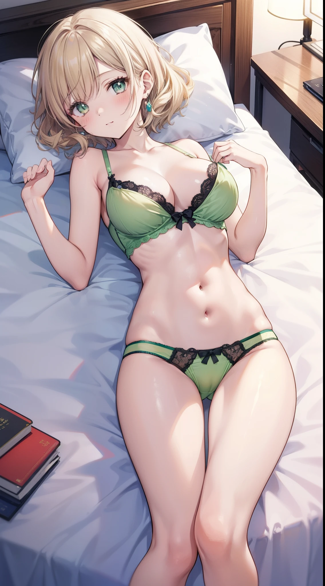 masutepiece、hight resolution、1girl in、in one's underwear only、Yellow-green lingerie、large full breasts、Lying on your back in bed、Cute anime illustration、