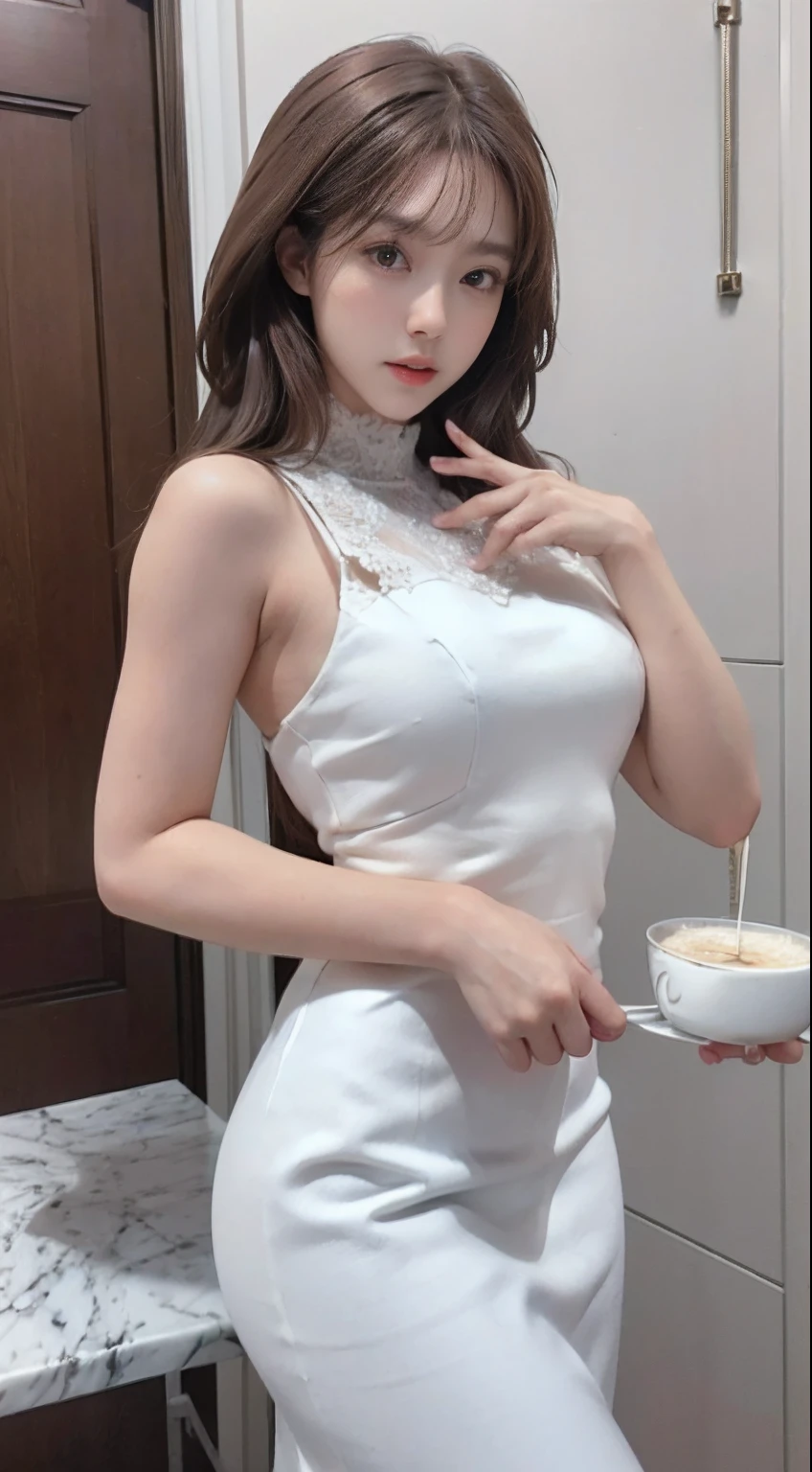 Beautiful woman with perfect figure:1.4,4K,Supermarket background,Long hair,Big Breasts,cute,Ultra-high resolution,Seductive laughter,White legs,(Lifelike:1.4),Layered hairstyle,White skin,Dress outfit,whole body,Very delicate face and skin texture,Double eyelids,Skin Whitening,White hair,