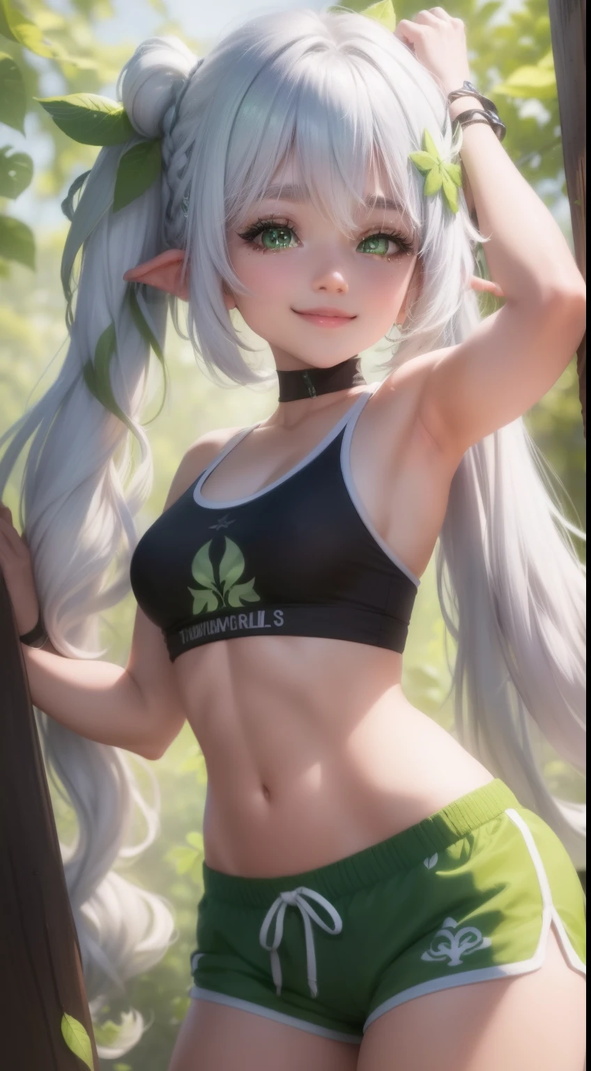 1 rapariga, ((20 years)), ((Beautie)), ((white  hair)), ((The long-haired)), ((Hair tied to the side)), ((head ornament)), ((Wear tight shorts)), ((Wearing a tight top)), ((green colored eyes)), ((Detailed abdomen)), ((Athletic Bodywoman)), ((Dynamic Pose)), #illustrate:  Pretty girl with long gray hair tied to the side, She wears a tight top and shorts　Smiling２People hug each other、I kiss you、Express affection、There are many plants、It's in a green forest、An amazing near future awaits　A crazy, nostalgic and never-before-seen world in the background