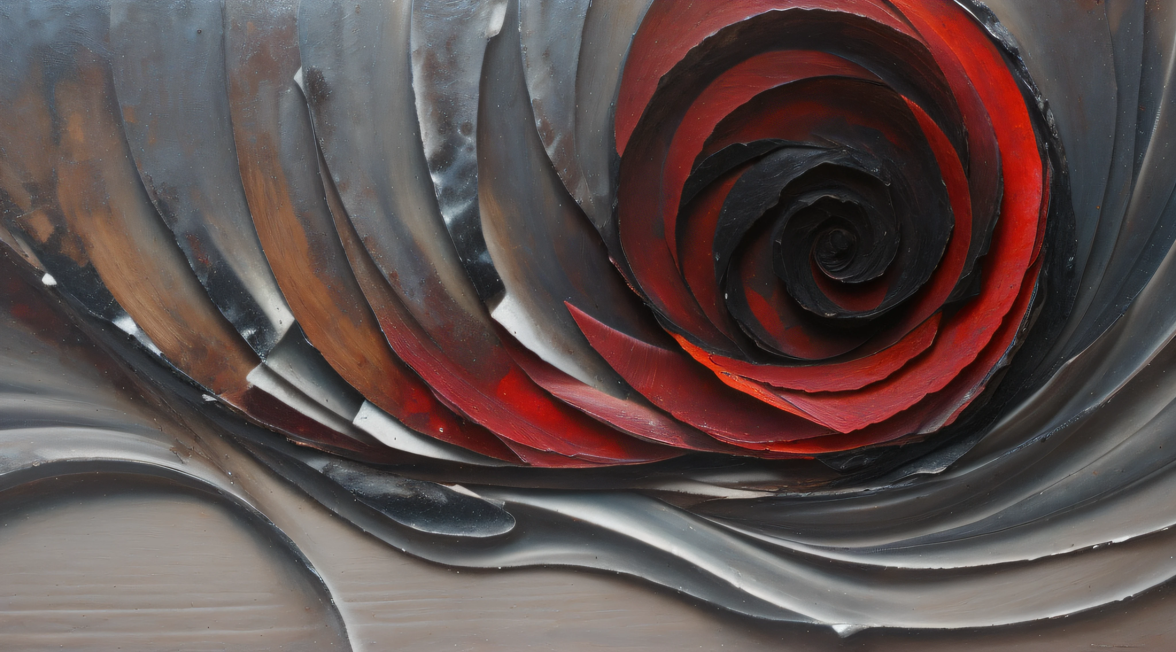 pintura de uma rosa vermelha com redemoinhos pretos e brancos em uma parede, detalhe ultrafino ", Roda, Espiral, metal, redemoinho, turbulence, inspirado em Kay Sage, Andi Rusu, inspirado em Antonio Rotta, swirling fabric, inspirado em Amanda Sage, inspirado por Jan Rustem, Arte 3D abstrata, vortex, metal e vidro pintados