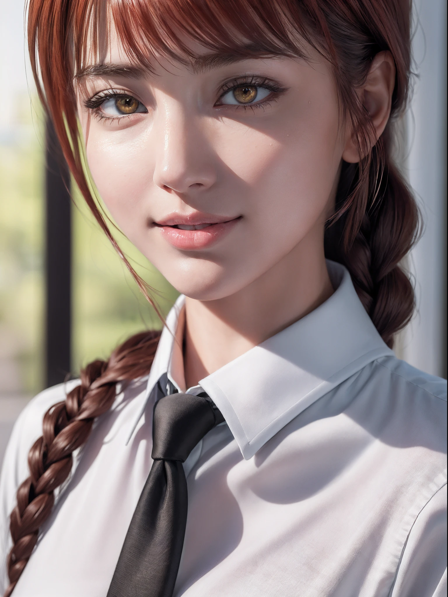 (masterpiece, best quality:1.4), wide shot, makima \(chainsaw man\), 1girl, bangs, indoors, black necktie, black pants, braid, braided ponytail, collared shirt, highres, long hair, long sleeves, necktie, red hair, ringed eyes, shirt, sidelocks, solo, uniform, white shirt, yellow eyes, , medium breasts, beautifull smile, beautiful face, highly detailed face, highly detailed eyes, highly detailed skin, skin pores, subsurface scattering, realistic pupils, full face blush, full lips, depth of field, volumetric lighting, sharp focus, absurdres, realistic proportions, good anatomy, (realistic, hyperrealistic:1.4), 16k hdr