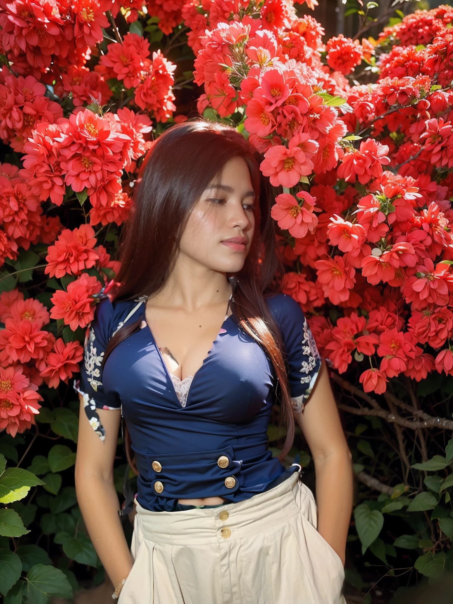 Change dress into sexy outfit , like wearing a bra and increase the size of her boobs