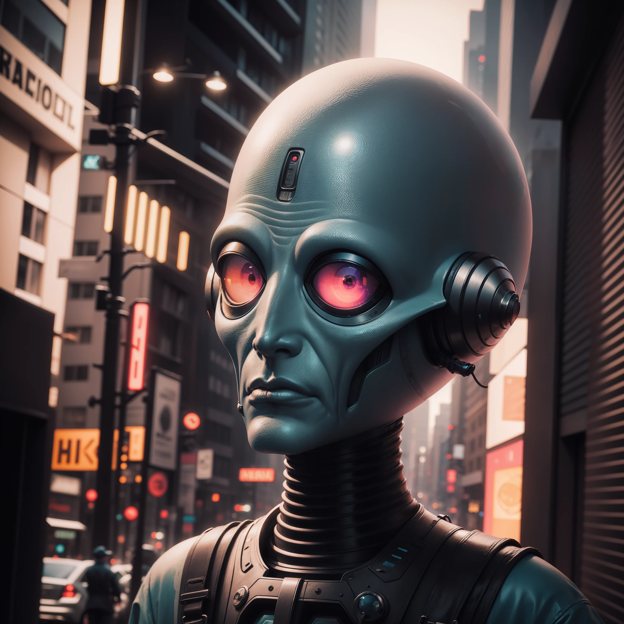 oppenheimer talking to an alien, graphic design, oppenheimer Theoretical, New York street, colorful tones, highly detailed clean, professional photography, oppenheimer looking at an alien