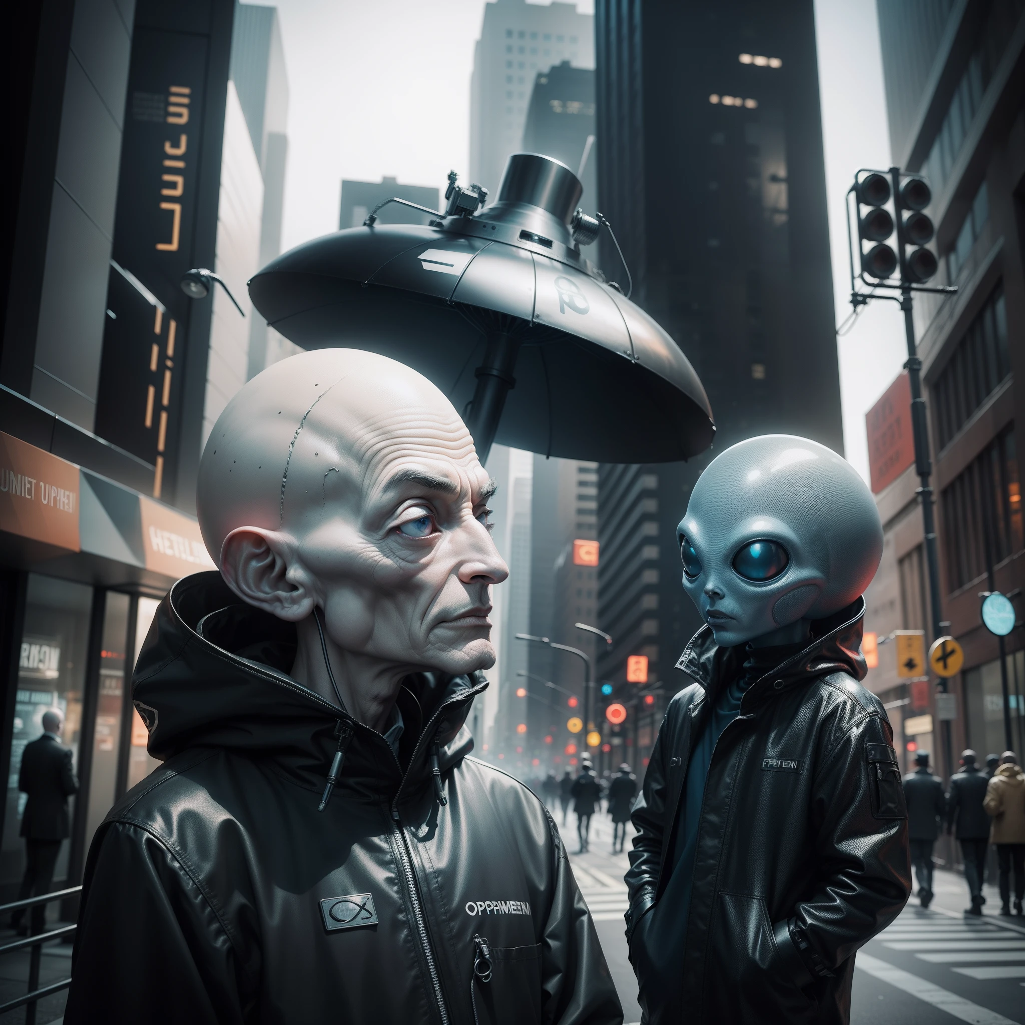 oppenheimer talking to an alien, graphic design, oppenheimer Theoretical, New York street, colorful tones, highly detailed clean, professional photography, oppenheimer looking at an alien