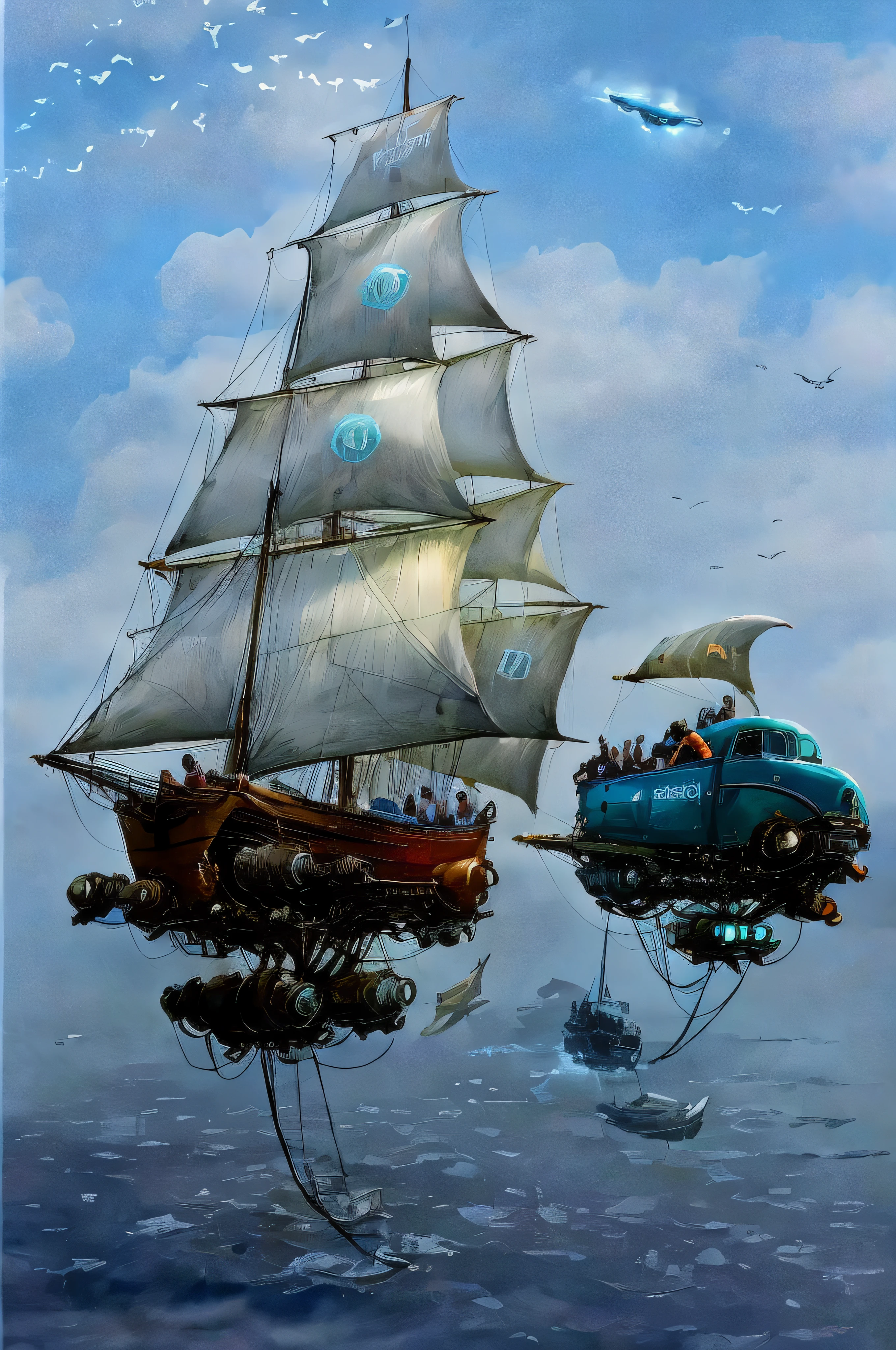 Super velero futurista con muchas velas volando entre las nubes multicolores y mientras abajo en un mar muy agitado enormes olas amenazantes chocan contra los acantilados