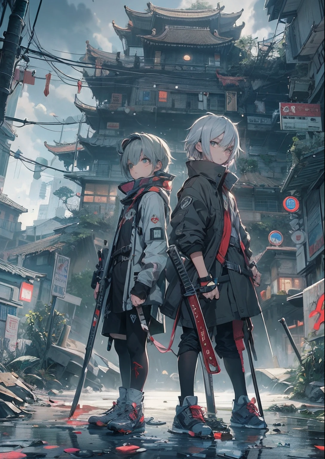 2boys,a 13 yo boy、twins,Cyberpunk Boy、katanas,machine gun、silber hair、Spiky hairstyle、Whole body bloody、Back lighting,The beginning of the adventure、Lots of clouds,heavy fog、Chaotic city of the future、ruined and devastated city、dystopian、A very complex group of Chinese buildings stands in the center、Highly complex Chinese buildings、Dim lighting、puddles、Chaotic landscape、Beautiful and fantastic scenery、Cinematic scenery、hightquality、masutepiece,8K、hight resolution、ultra-detailliert,