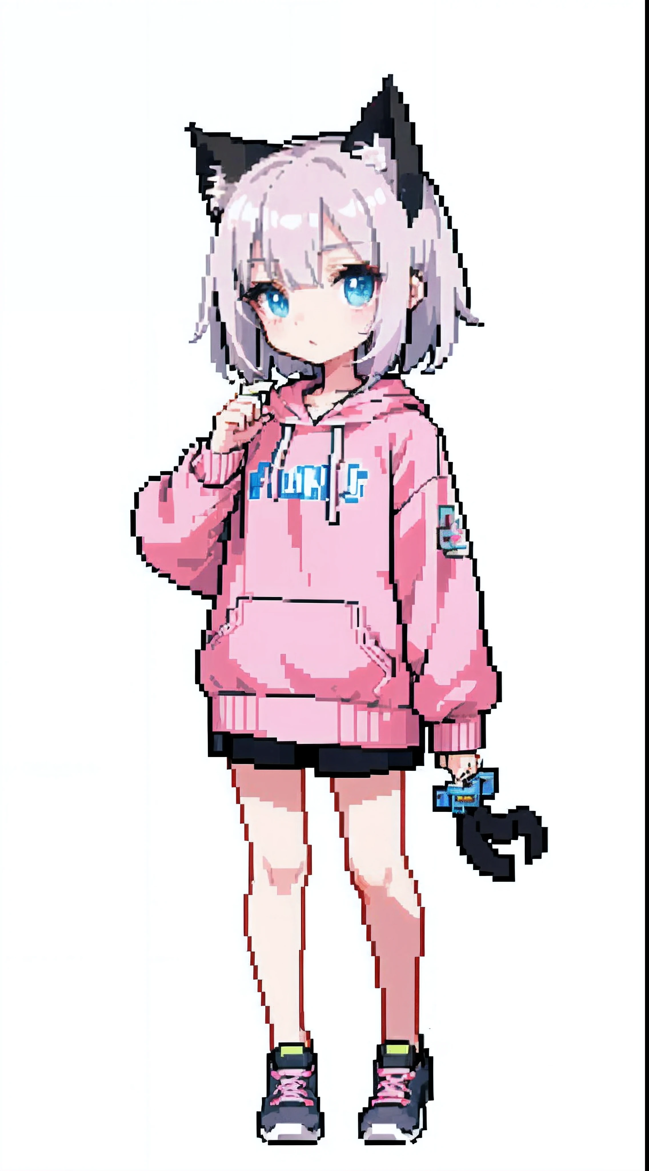 （tmasterpiece，top Quority，best qualtiy, 4K, Ultra HD），pix，pixelart，1girll, Cat ear, full bodyesbian，Pink and white sweatshirt，Gray hair, City background