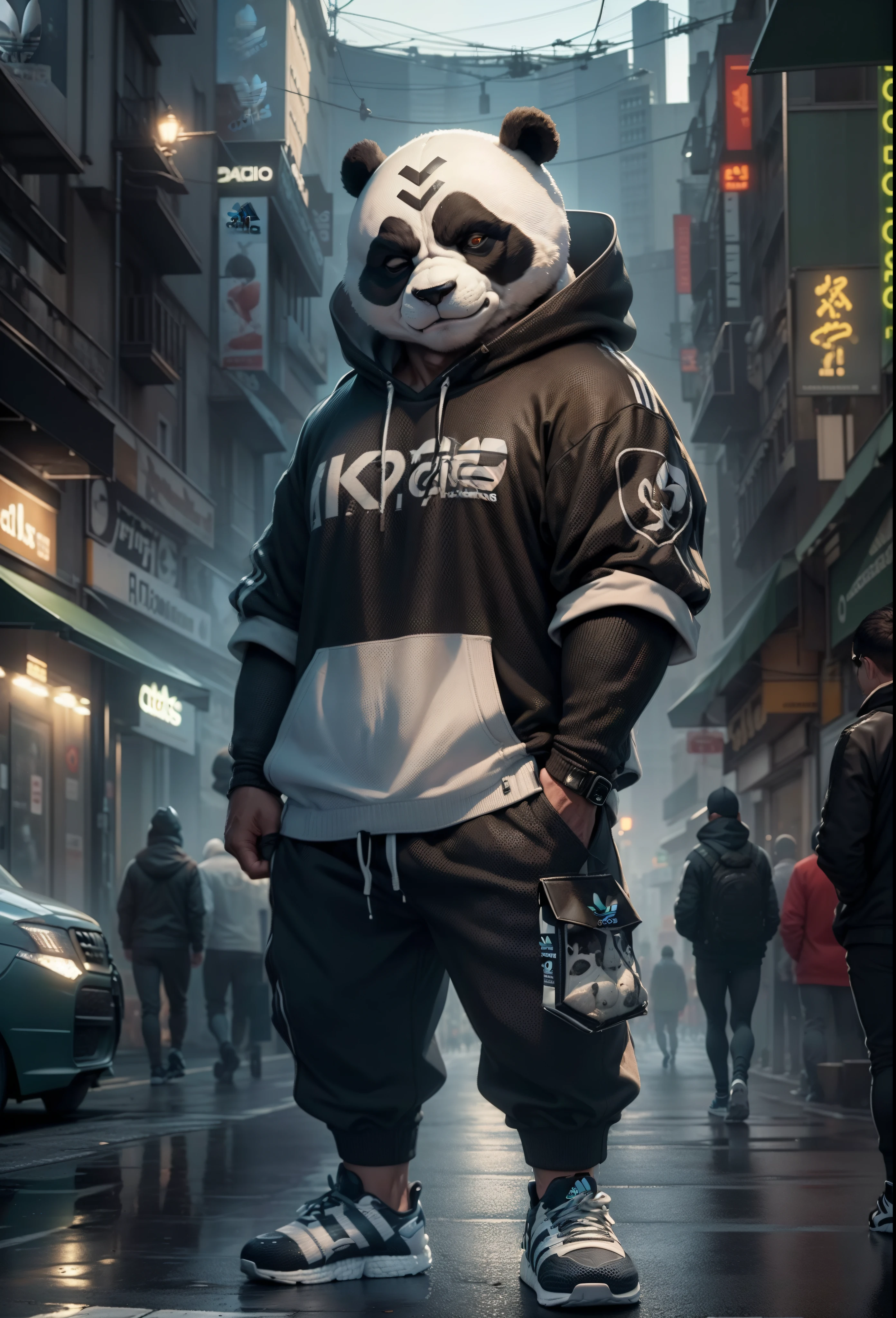 ((Foto en bruto)), (((obra-prima))), Anthropomorphic humanoid panda, usando (((Ropa de calle adidas))), caminando furiosamente entre la gente, Detalles intrincados, intrincadas piezas de Greebles, City behind, cuerpo musculoso, ((big muscles)), brazos musculosos, (Small head), Ogro monstruoso, Titan soft lighting, hiperrealista, soft illuminaotion, Ambiente siniestro, zapatos adidas --auto