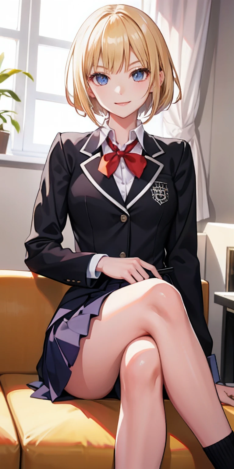 (masutepiece), Expressive eyes, Perfect face, 1 girl, Seductive smile, School uniform, Miniskirt, ((crossed legs)), nice thigs、Blonde shorthair