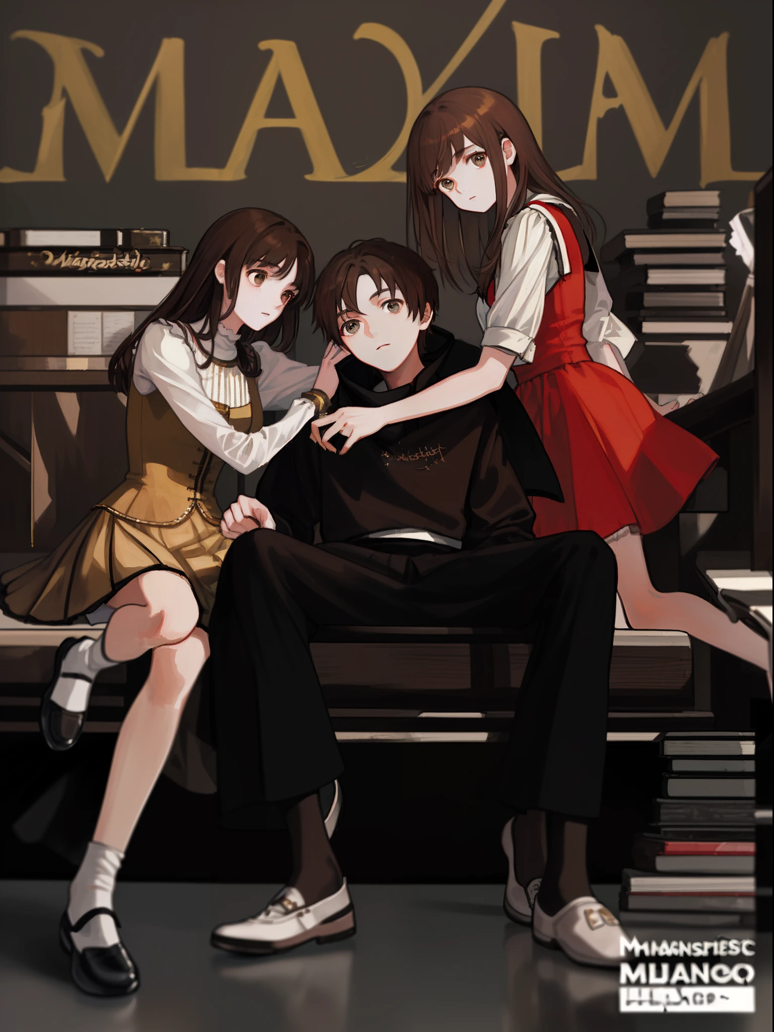 (masterpiece:1.5)(bestquality)(highlydetailed)(ultra-detailed) (1boy){brown hair:2girls}, {depth of field}, {dress}, (english text), {motion blur}, {multiple girls}, (photo:medium), (photo background), {sitting}