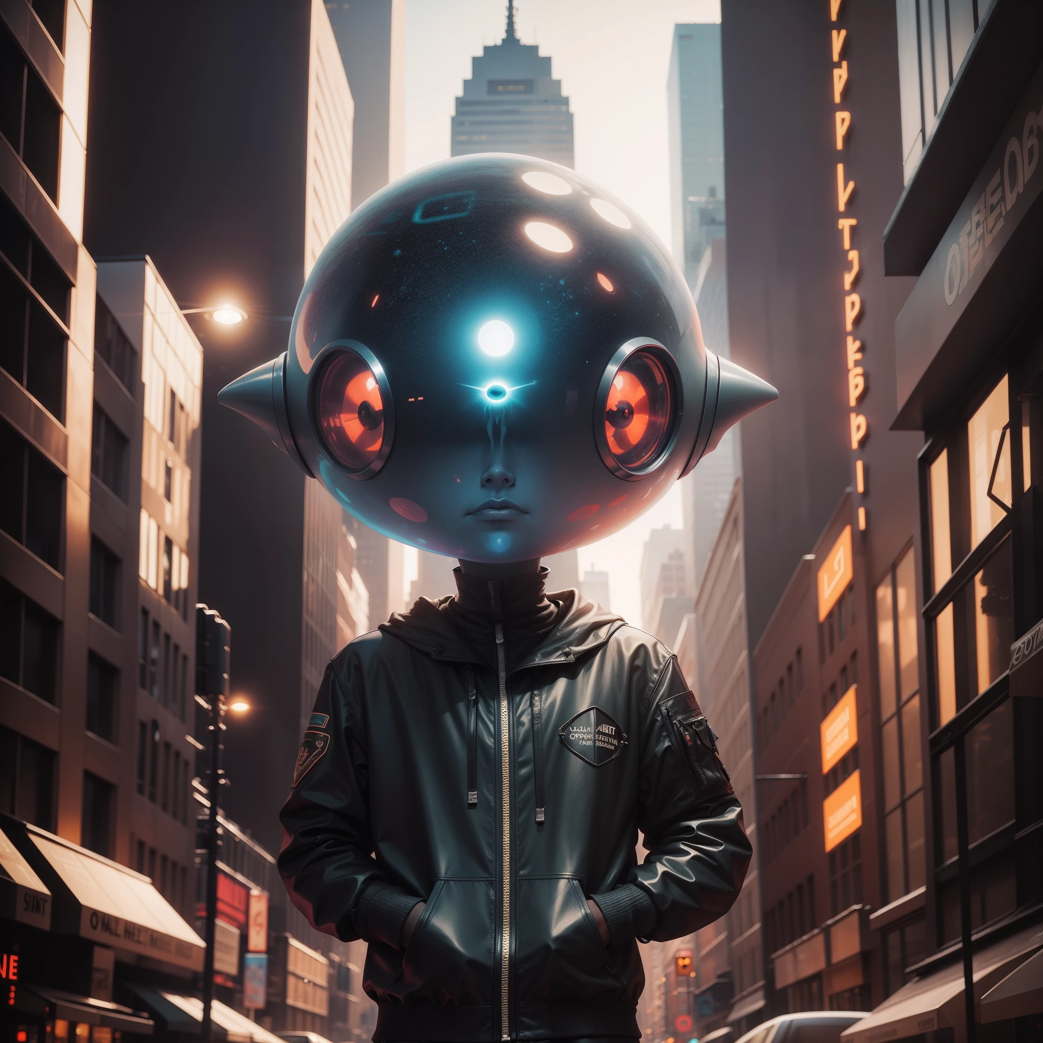 oppenheimer talking to an alien, graphic design, oppenheimer Theoretical, New York street, colorful tones, highly detailed clean, professional photography, oppenheimer looking at an alien