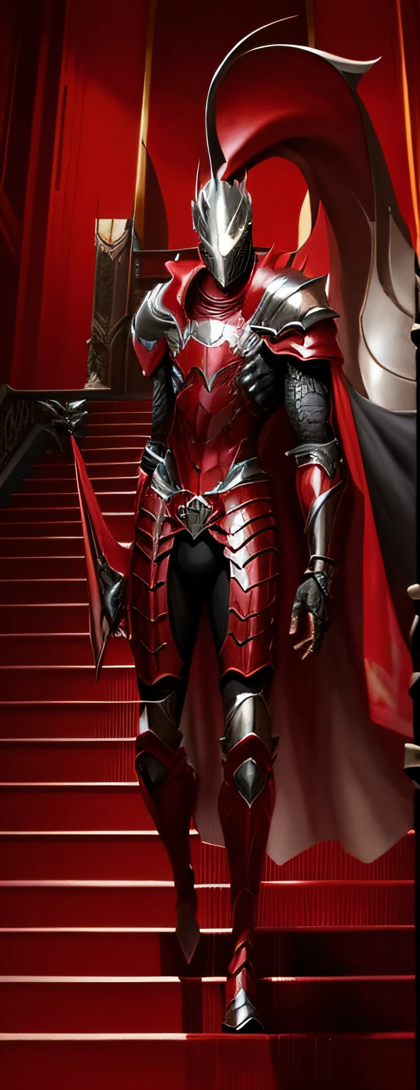 um close up de uma pessoa de terno vermelho em um conjunto de escadas, draconic looking armor, armadura vermelha de sangue, armadura vermelha, armadura de cor preta e avermelhada, armadura de prata e roupas vermelhas, Armadura Samurai Completa Homem-Aranha, red demon armor, armadura refletida preta e vermelha, adam warlock, Tor, da Marvel, wearing witchblade armor, armadura preta e vermelha