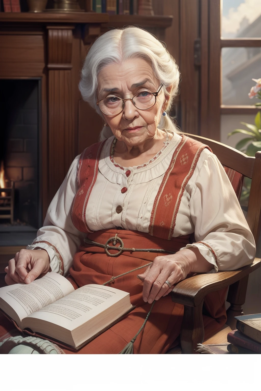 Emilia is a rag doll, recheada de macela,eyebrows lined with woolen threads,eyes are retro buttons,seu vestido feito de retalhos,sitting in a large rocking chair facing a fireplace,segurando um grande livro de contos de fadas,at his side is his friend Viscount of Sabugosa,um boneco feito de sabugo de milho, a great sage, Grammarian and philosopher, whose wisdom he obtained through the books on the shelf of Dona Benta's library,Incidentally an old old lady of good character and comforting appearance.,cabelos grisalhos,glasses and wrinkles showing their kind grandmother appearance watching them find the doll funny, film composition photography, Very detailed, extremely high-resolution, cor profissional, luz maravilhosa, luz do dia, 300k resolution,
altamente realista, muitos detalhes.