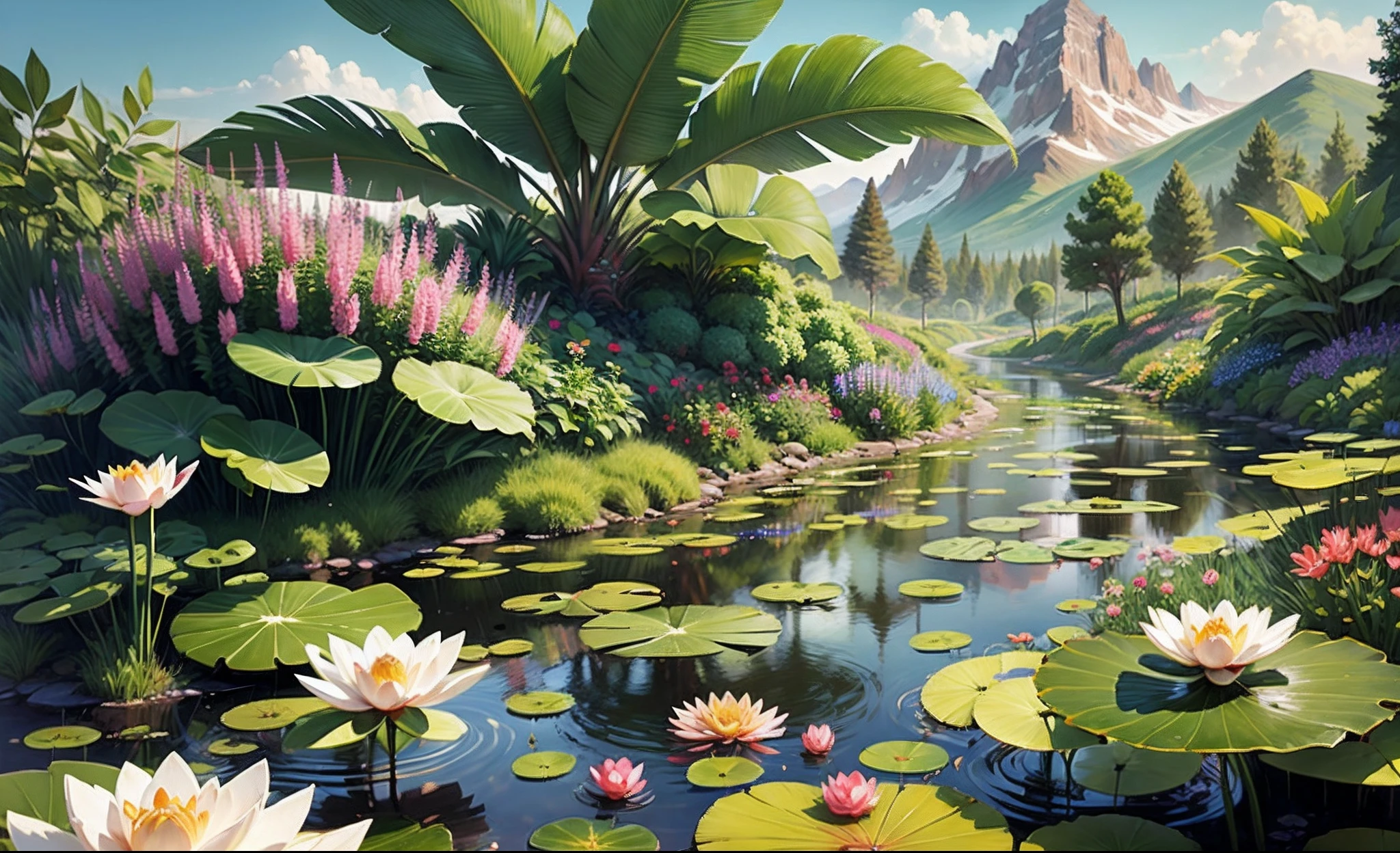 Tropical flower garden, oasis, stream, pond, lilly pads, lotus flowers, orchids, a rocky mountain range of New Europa, Terraformed Landscape, Roger Dean  --  ar 3    ;3 --auto --s2